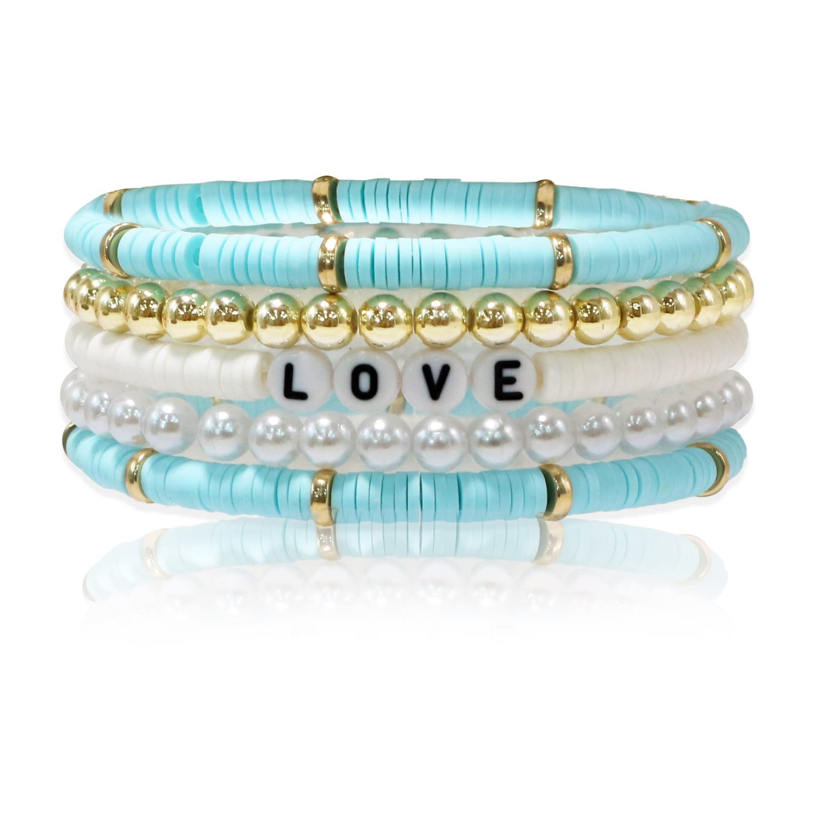 Preppy Heishi Surfer Bracelets Set - Boho Beaded Stretch Stackable Bracelets for Women & Girls | Summer Beach Jewelry | Perfect for Vacation, Surfing, Music Festivals & Boho Fashion Accessories