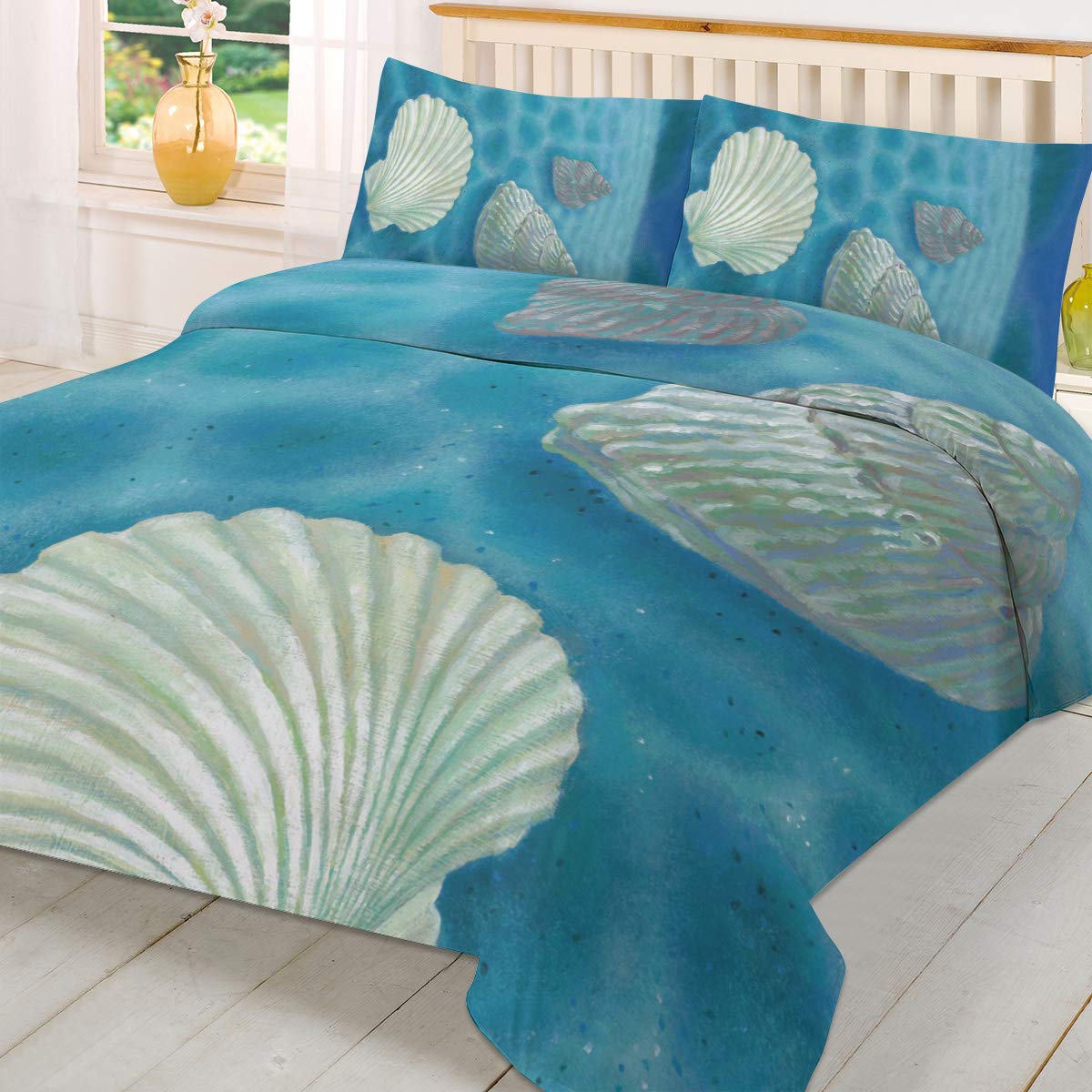 100% Washed Microfiber Duvet Cover Set - 3 Piece Luxury Soft Bedding Set | Ultra Soft Organic All Season Queen Size Comforter Cover | Beach Theme Blue Seashell Design for Home, Hotel & Vacation Rental | Perfect for Coastal Bedrooms, Guest Rooms & Beach House Decor