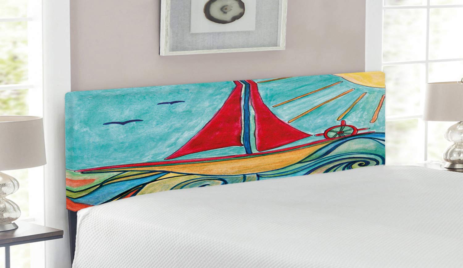 Ambesonne Upholstered Metal Headboard with Memory Foam - Queen Size Ocean Wave Art Design in Earth Yellow, Teal & Red - Perfect for Kids' Bedrooms, Coastal Themed Decor & Modern Bedroom Makeovers