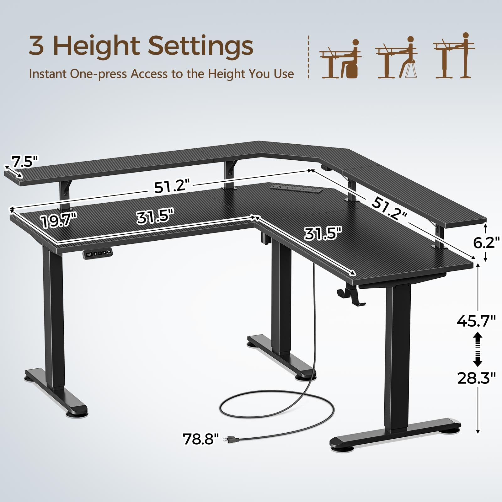 Rolanstar L-Shaped Electric Standing Desk with LED Light & Power Outlet, Height Adjustable Carbon Fiber Workstation with Monitor Stand - Perfect for Home Office, Gaming Setup & Workspace Ergonomics