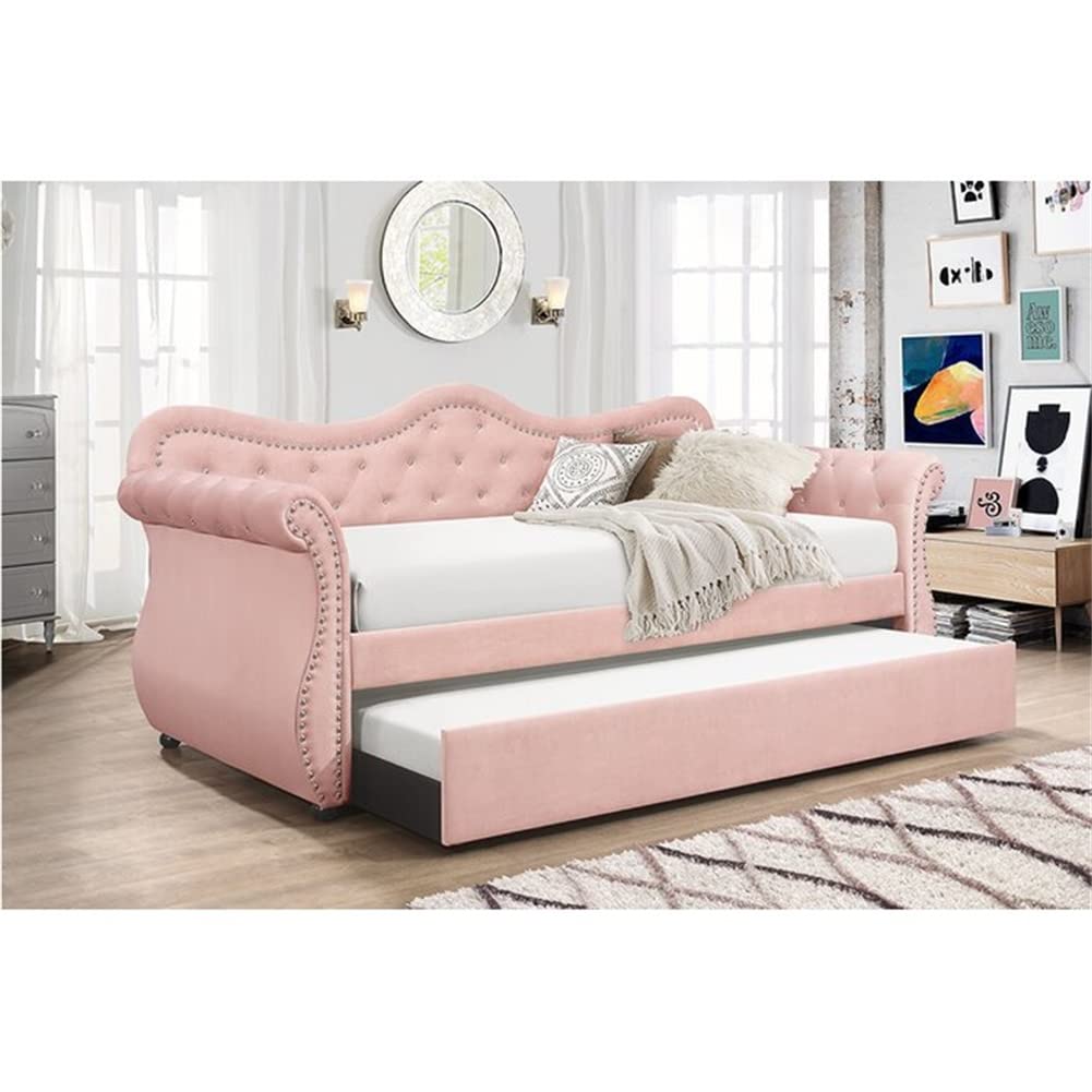 HABITRIO Twin Size Daybed with Trundle - Wood Frame Button-Tufted Upholstered Sofa Bed with Nailhead Trim & Gentle Curves - Easy Pull-Out Twin Trundle for Living Room, Bedroom, Guest Room - Light Pink - Perfect for Small Spaces, Sleepovers & Extra Seating