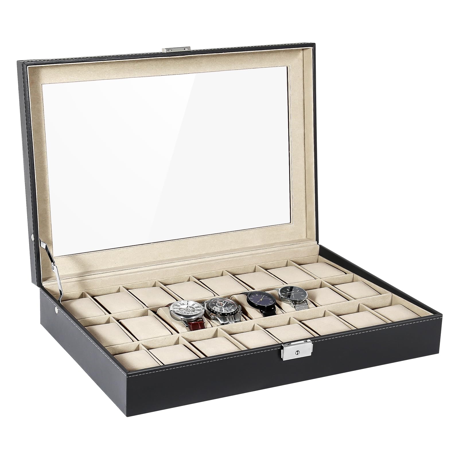 Uten 24-Slot Watch Box Organizer with Large Glass Lid - Jewelry Storage & Display Case for Men & Women - Perfect for Watch Collectors & Gift Giving