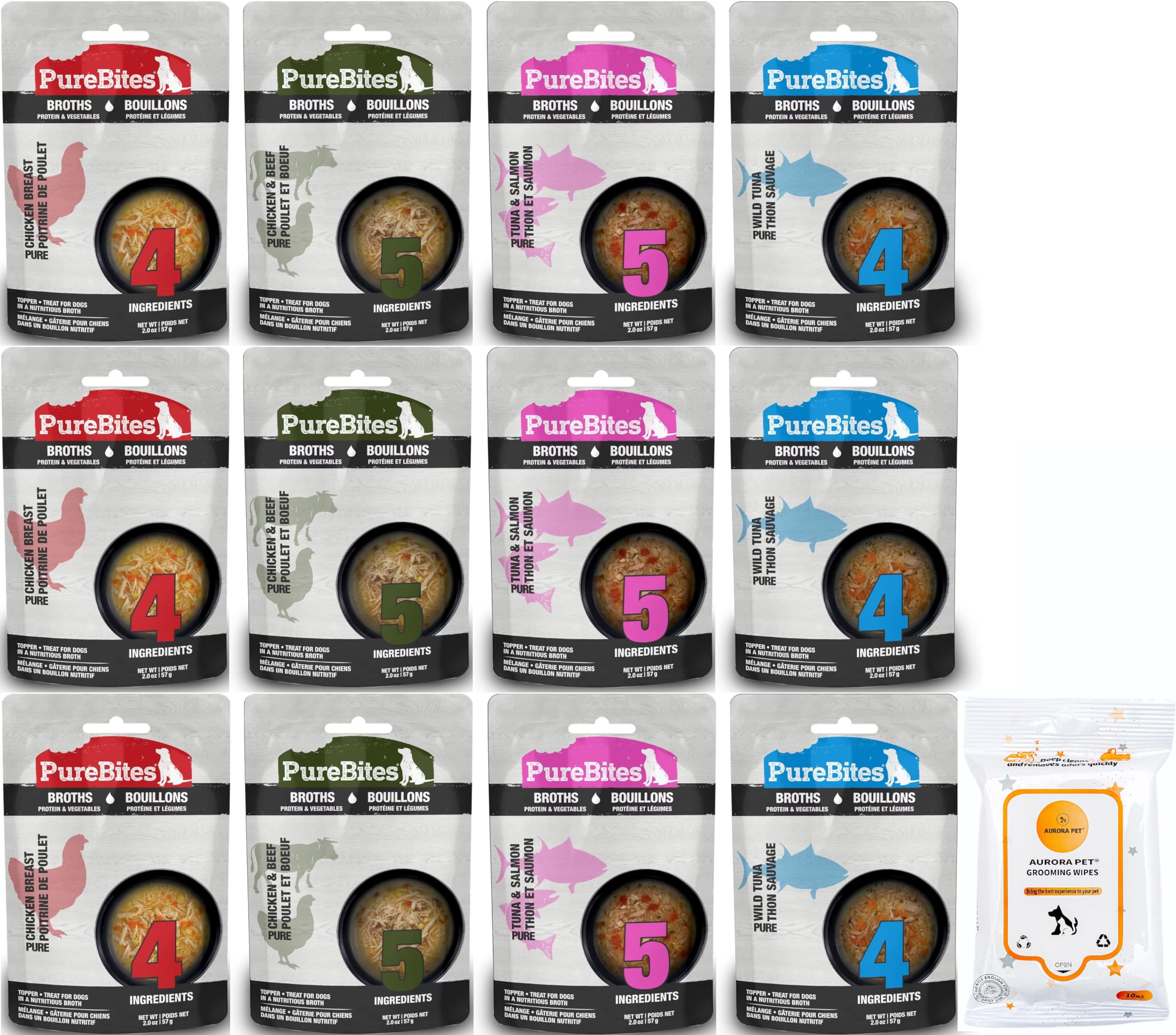 Aurora Grain-Free Dog Broth Variety Pack - 12 Pack (3 Chicken & Beef, 3 Chicken & Vegetables, 3 Tuna & Salmon, 3 Tuna & Vegetables) 2oz Each | Healthy Hydration for Dogs | Perfect for Travel, Training & Senior Dogs