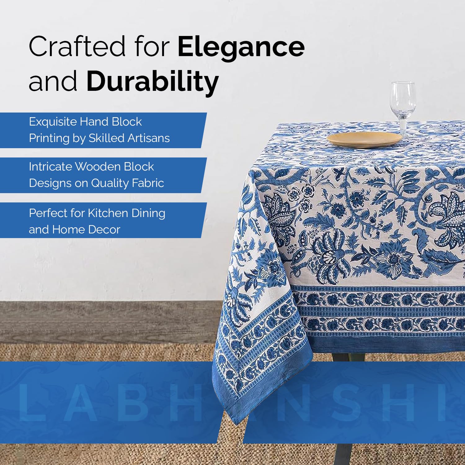 Handblock Printed Indian Cotton Tablecloth 72x135 Inch – Floral Country Style Rectangular Dining Table Cover for 10-Seater | Blue Spring Easter Bridal Party Baby Shower Decoration | Perfect for Weddings, Holiday Dinners & Special Occasions