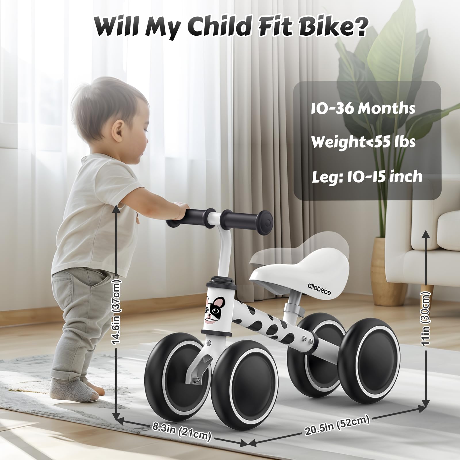 Allobebe Baby Balance Bike for Toddlers 12-36 Months - Adjustable Seat, Silent 3-Wheel Design - Perfect First Bike Gift for 1 Year Old Girls & Boys - Helps Transition from Standing to Running - Ideal for Indoor Play, Backyard Riding & Learning Balance Skills