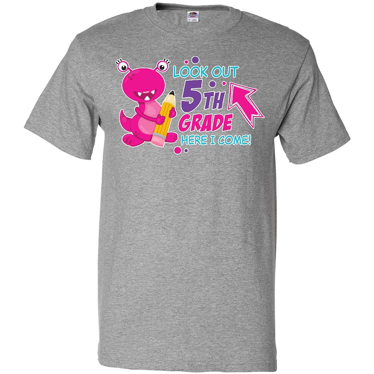 Look Out 5th Grade Here I Come Cute Pink Monster Graphic T-Shirt for Kids - First Day of School Outfit & Back to School Gift