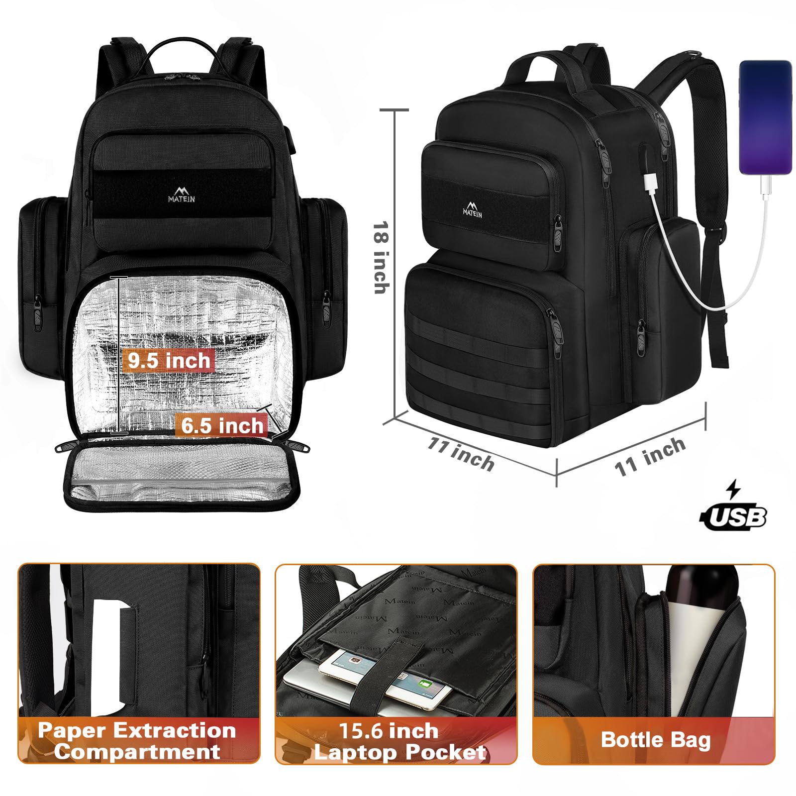 **MATEIN 15.6 Inch Tactical Backpack for Men - Insulated Lunch Compartment & Laptop Sleeve - Durable Work Backpack for Travel, Hiking, Camping, Beach & Picnic - Black**