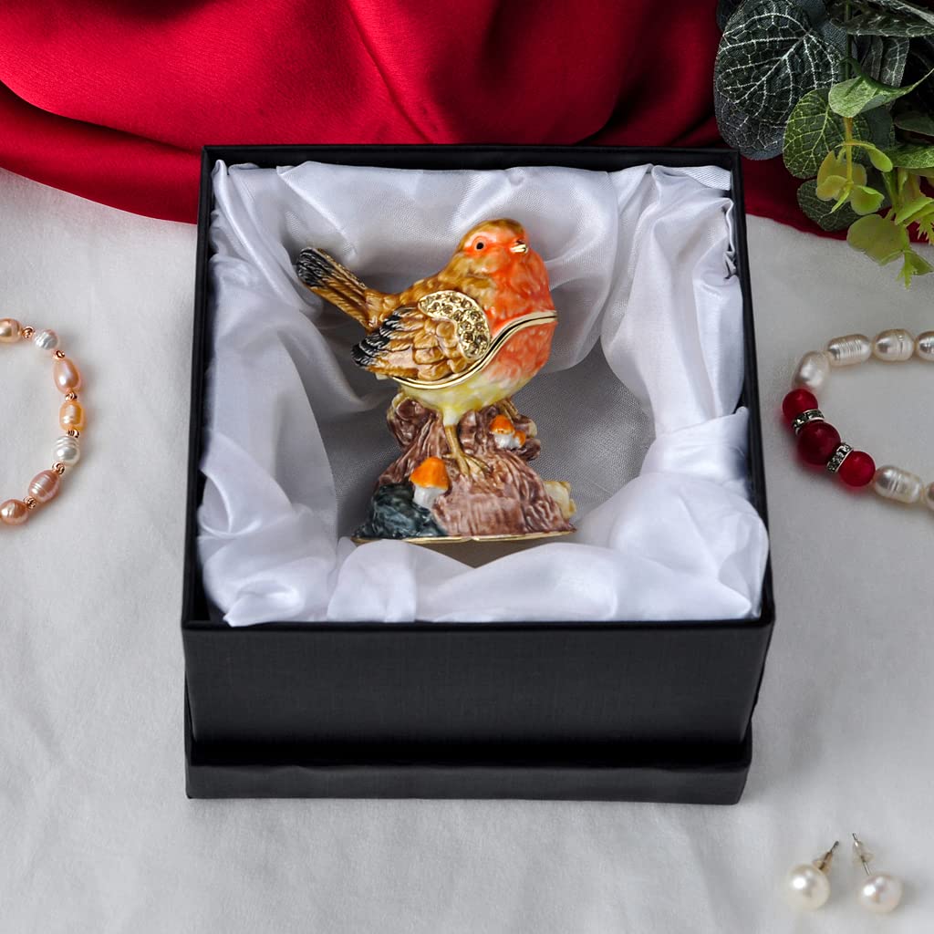 Robin Bird Trinket Box with Golden Enameled Crystal Design - Elegant Jewelry Storage & Home Decor | Perfect Gift for Bird Lovers, Nature Enthusiasts, Weddings & Anniversaries | Great for Displaying on Dressers, Vanities or as a Thoughtful Present