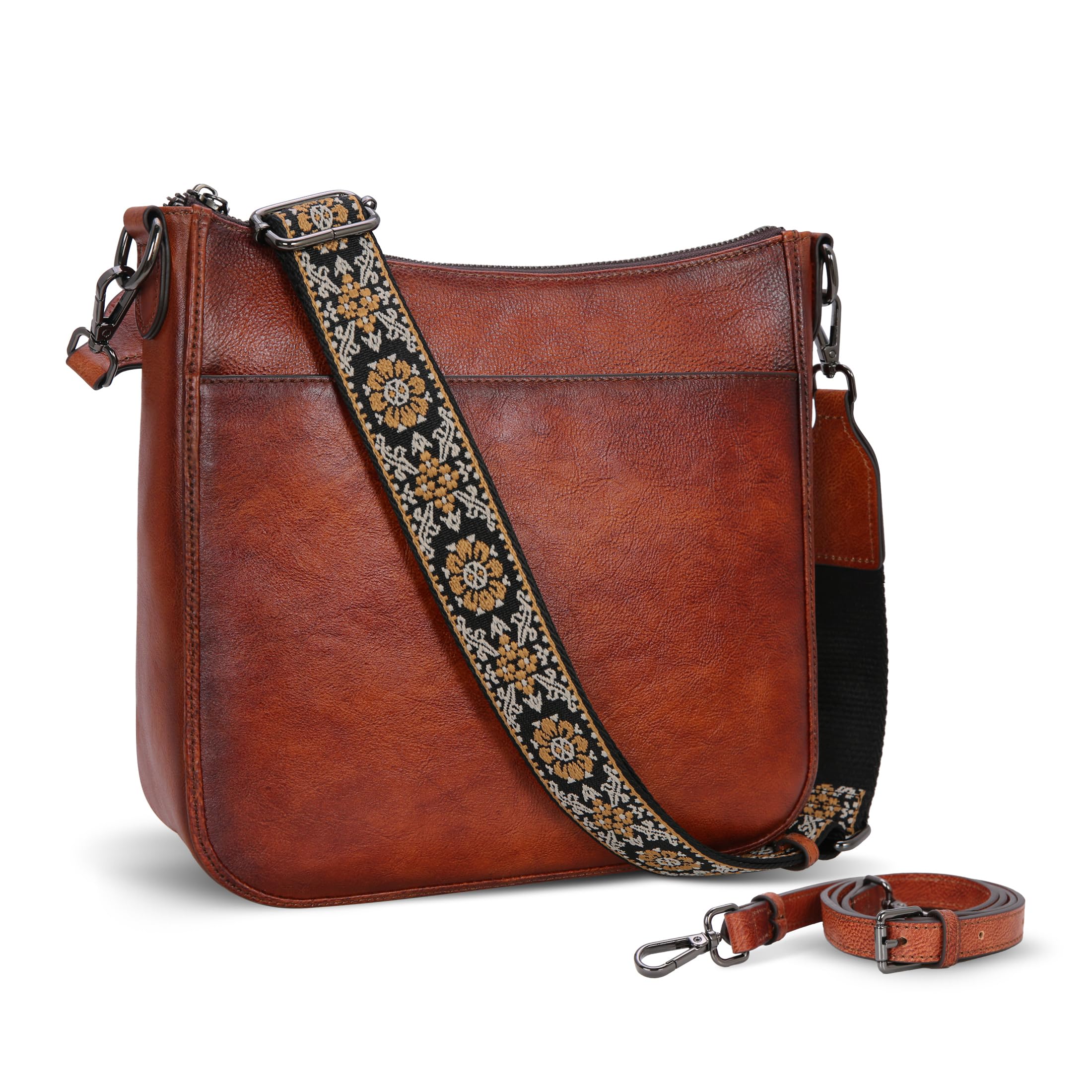 HESHE Genuine Leather Crossbody Bag for Women - Medium Shoulder Purse with Adjustable Guitar Strap, Satchel Handbag for Travel, Work & Everyday Use