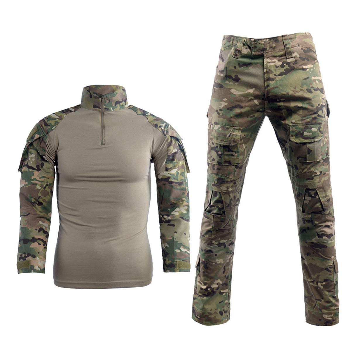 Men's 1/4 Zip Camo Military Tactical Uniform Set - Combat T-Shirt & BDU Pants for Airsoft, Hunting & Outdoor Activities | Long Sleeve Tactical Shirt for Military Enthusiasts