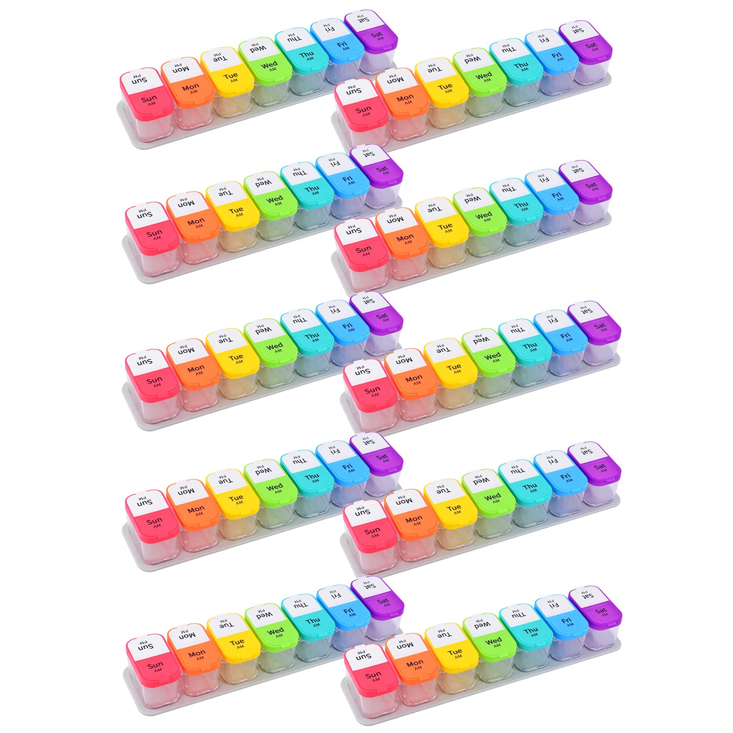 Greencycle Weekly Pill Organizer 2x Daily - Moisture-Proof Medicine Organizer with 14 Compartments for Vitamins, Fish Oil & Supplements (10 Pack) - Perfect for Seniors, Arthritis Patients & Travel Use