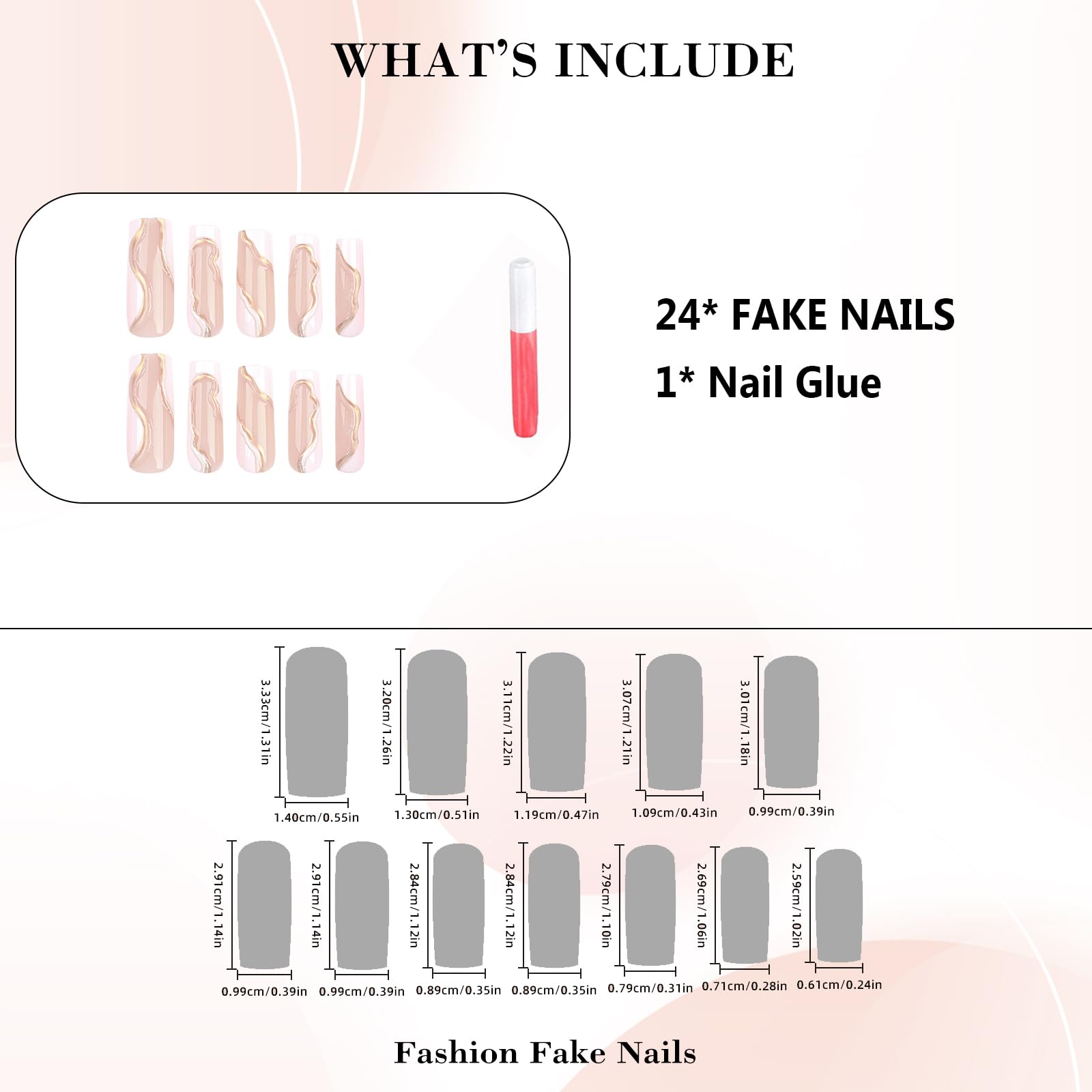 24 Pcs Long Square Press-on Nails - Golden & White Nude French Tip False Nails with Glossy Finish | Full Cover Glue-on Artificial Nails for Parties, Weddings & Everyday Wear