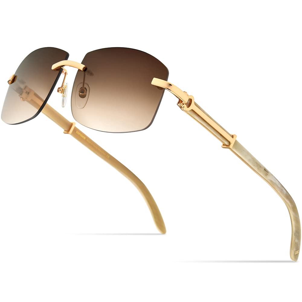 **100% Real Buffalo Horn Sunglasses for Men - Rimless Square Buffs - UV Protection & Polarized - Perfect for Outdoor, Driving & Fashion**