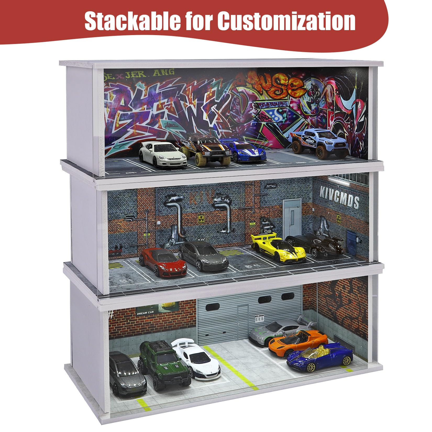 Hot Wheels Display Case - Stackable Parking Garage for 1/64 Scale Matchbox & Toy Cars with LED Lights & Acrylic Cover | Foamboard Storage for Monster Trucks | Perfect for Collectors, Showrooms & Home Decor