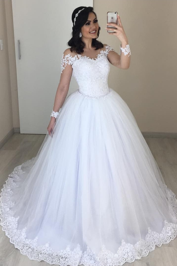 Elegant Ball Gown Lace Wedding Dress with Tulle Long Sleeves - Perfect for Bridal Ceremonies & Formal Events