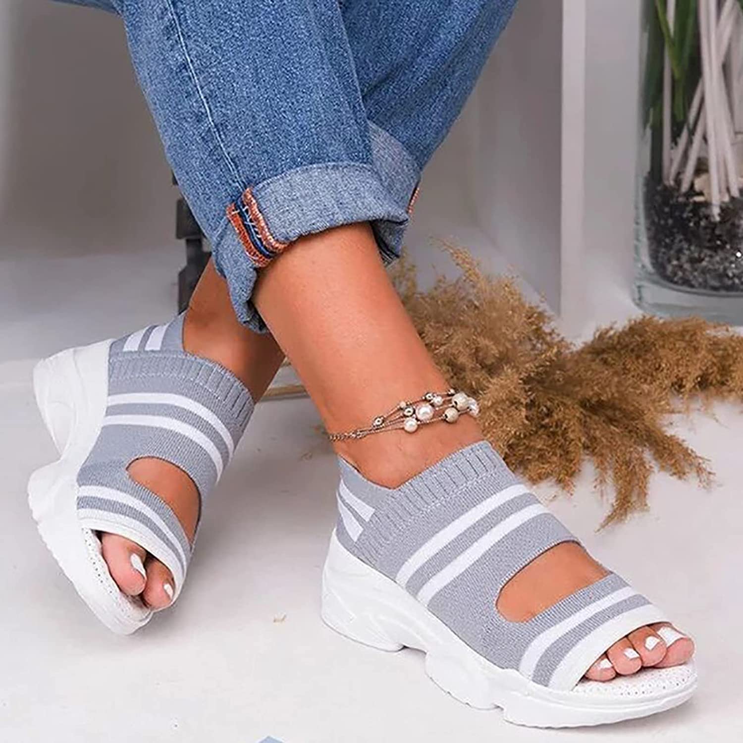 KDLK Women's Knitted Wedge Sports Sandals - Breathable Mesh Open Toe Platform Sandals with Non-Slip Sole & Arch Support | Comfortable Casual Walking Shoes for Summer Beach, Travel & Outdoor Activities (Gray, Size 43 EU)
