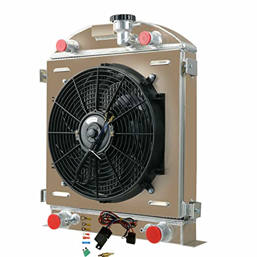 3 Row Aluminum Radiator with Shroud, Fan & Relay Kit for 1928-1929 Ford Model A 3.3L L4 Gas Engine - Perfect for Classic Car Restoration & Hot Rod Upgrades