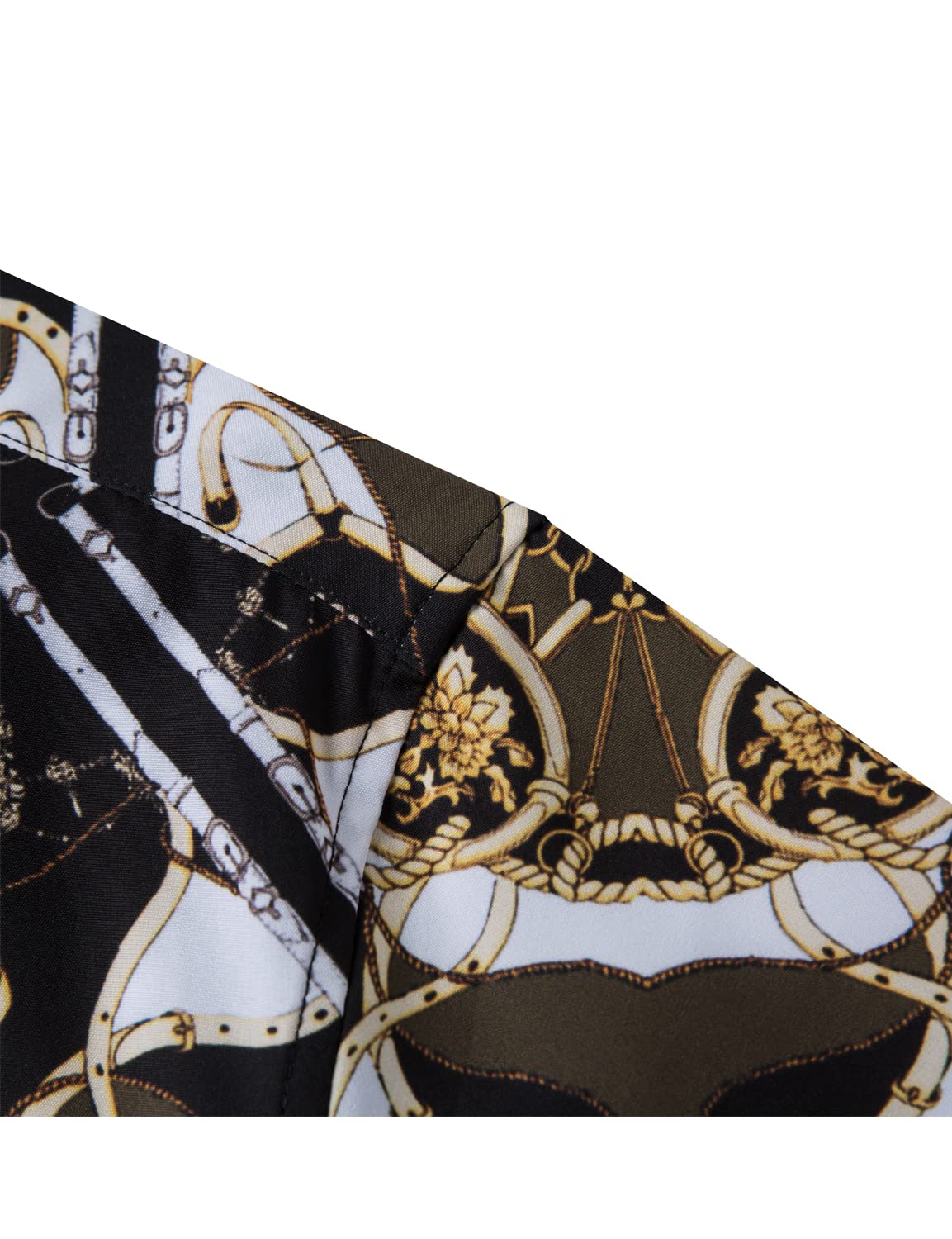 Luxury Men's Black & Gold Baroque Print Short Sleeve Dress Shirt - Chain Design Button Down Casual Shirt for Parties, Weddings & Night Out
