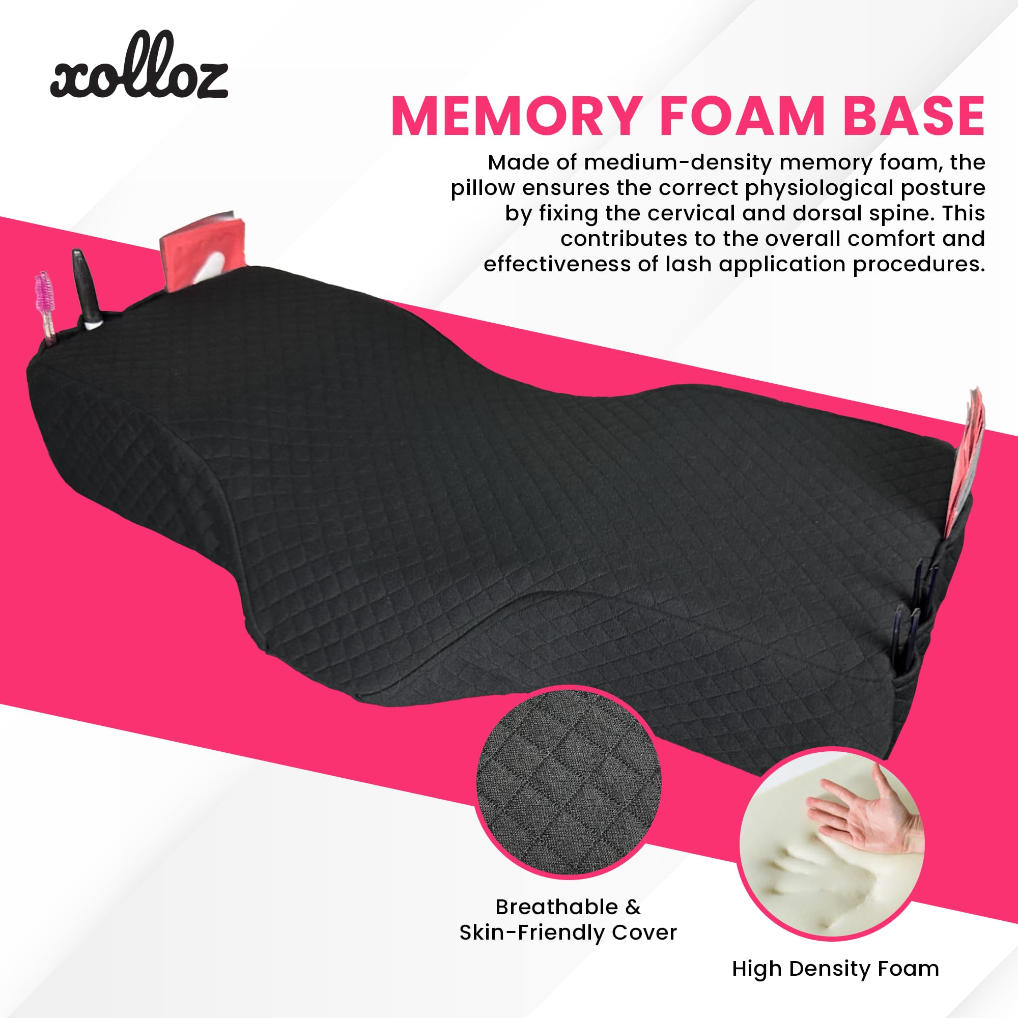 Premium Curved Memory Foam Lash Pillow for Eyelash Extensions - Ergonomic Neck & Back Support for Lash Technicians - Black Professional Lash Bed with Dual Side Tool Pockets - Perfect for Salon, Spa & Mobile Lash Services