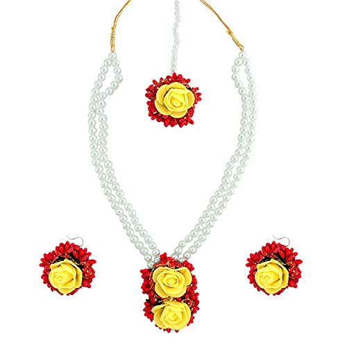 4 Pcs Indian Mehndi Haldi Bridal Jewelry Set - Floral Necklace for Women in Red & Yellow | Perfect for Wedding, Baby Shower & Festive Occasions