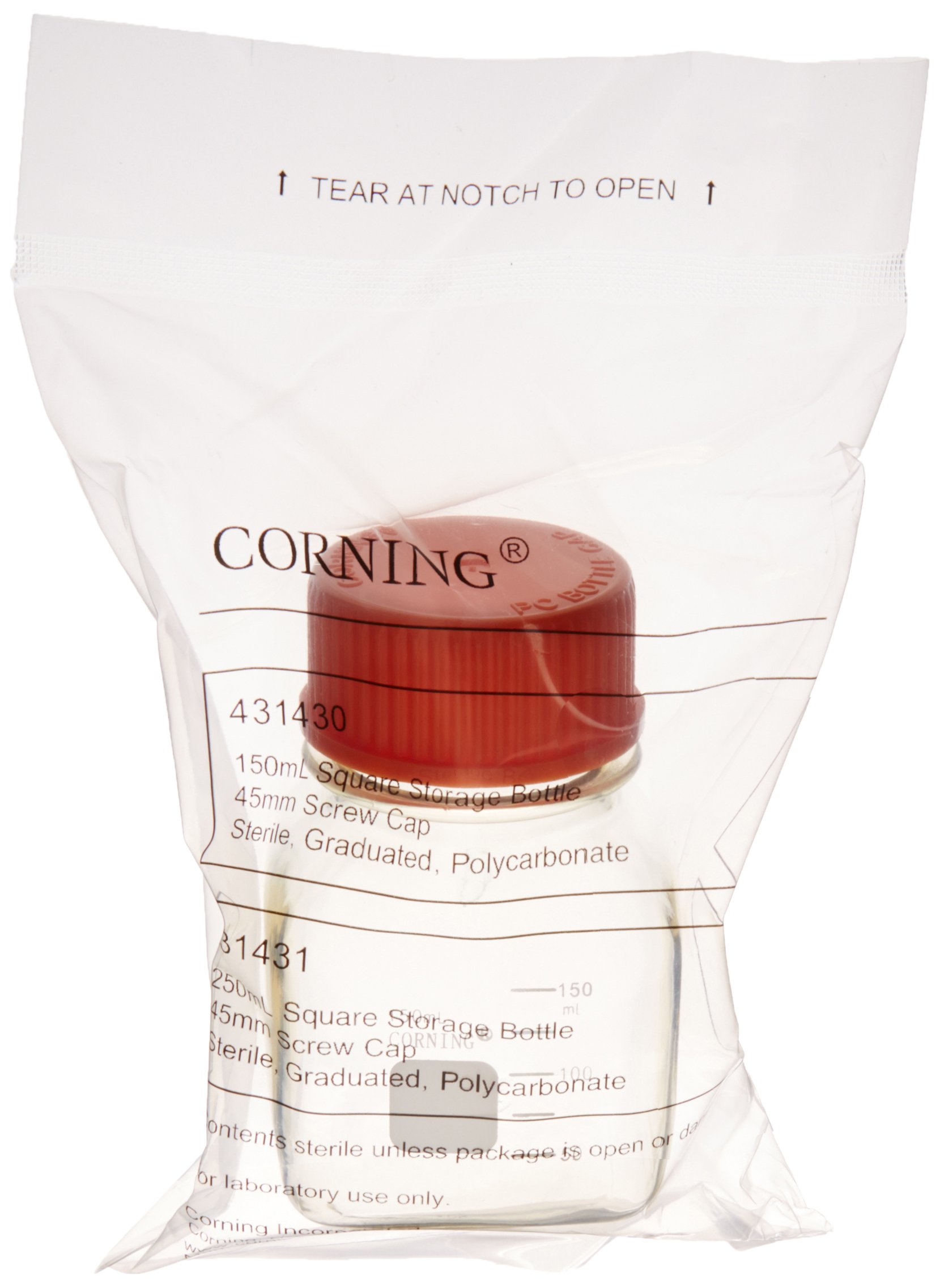 Corning 431430 150mL Polycarbonate Square Storage Bottles with 45mm Caps - Individually Wrapped, Case of 24 - Ideal for Laboratory, Pharmacy & Chemical Storage Solutions