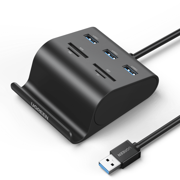 UGREEN 4-in-1 USB 3.0 Hub with SD/TF Card Reader & Phone Stand - Portable Multi-Port Adapter for Laptop, Desktop, MacBook - Perfect for Office Work, Travel & Home Use