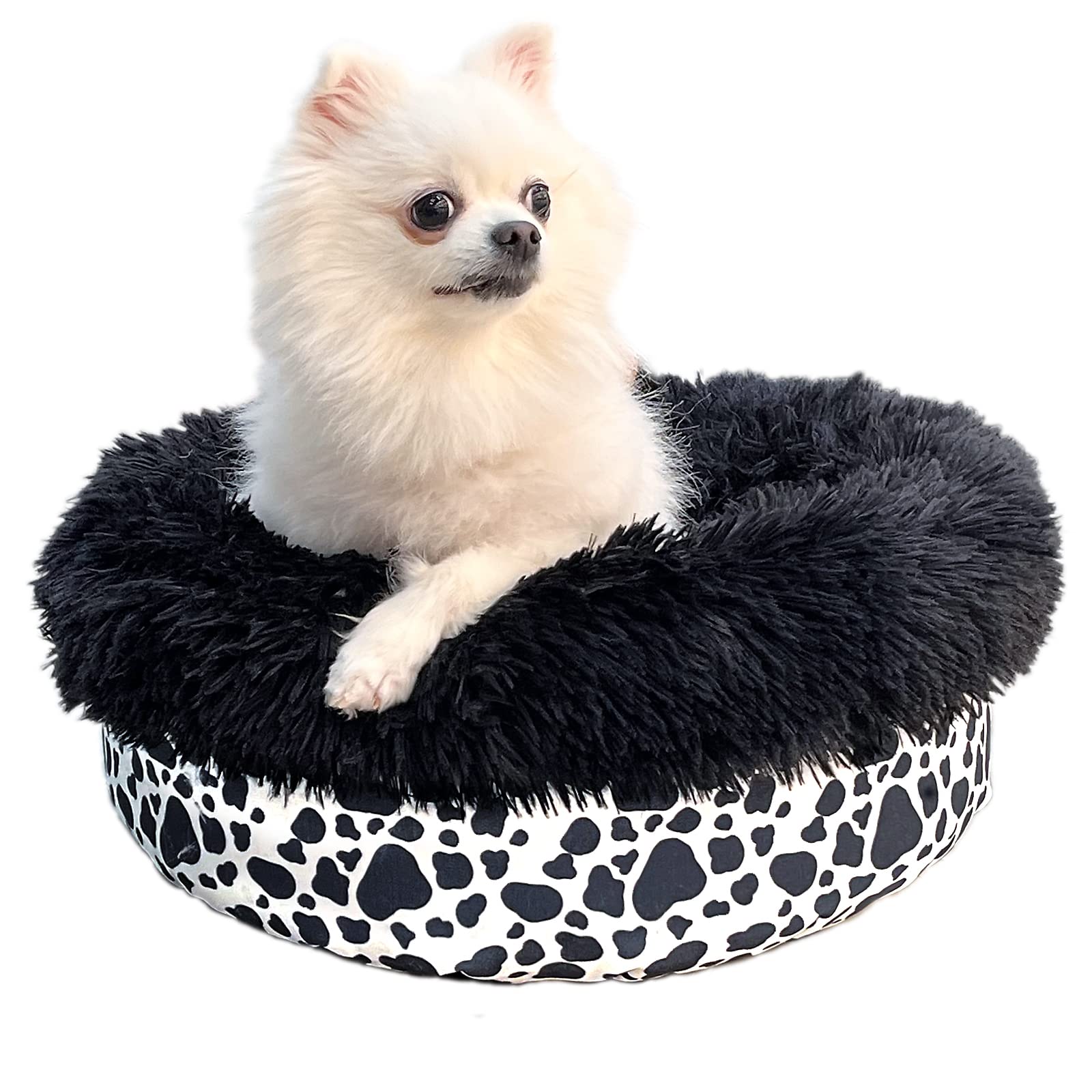 Washable 19 Inch Cow Print Dog Bed for Small Dogs - Soft Plush Calming Pet Bed with Anti-Anxiety Design, Durable & Modern - Perfect for Puppies, Crates, and Home Decor