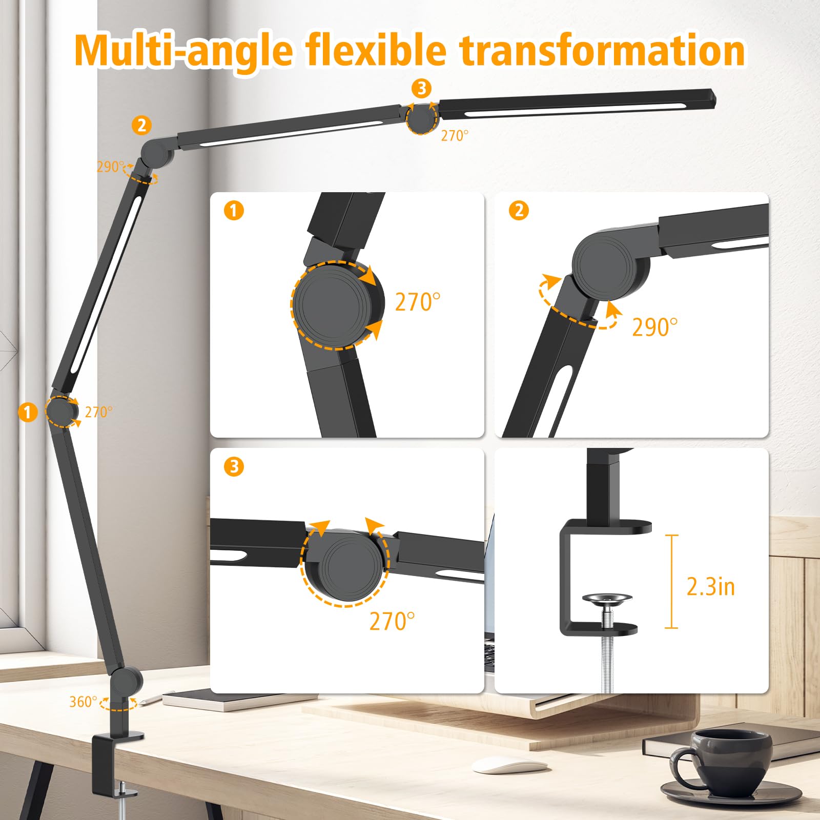 Adjustable LED Desk Lamp with Clamp - Dimmable Swing Arm Task Light for Home Office, Study & Reading | Eye-Caring Modern Table Lamp for Nail Tech, Architect & Students | Flexible Tall Desk Light for Work, Crafting & Night Use