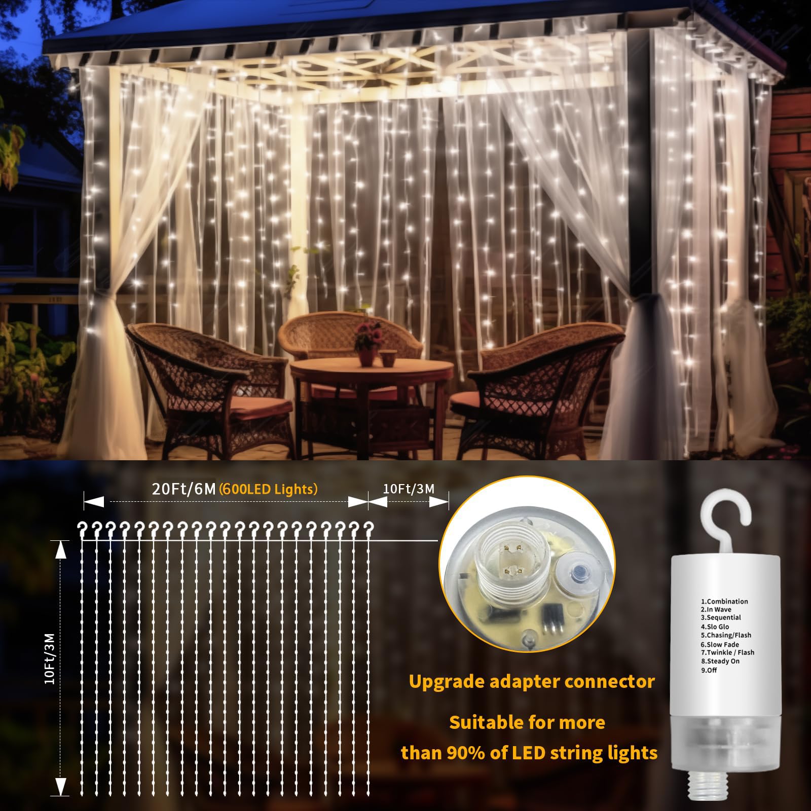 600LED Battery Operated Waterproof Curtain Lights - 20x10ft Hanging Fairy String Lights with Remote & 8 Lighting Modes | Indoor Bedroom Decor, Wedding Backdrop, Party Decoration, Christmas Holiday Lights (White)