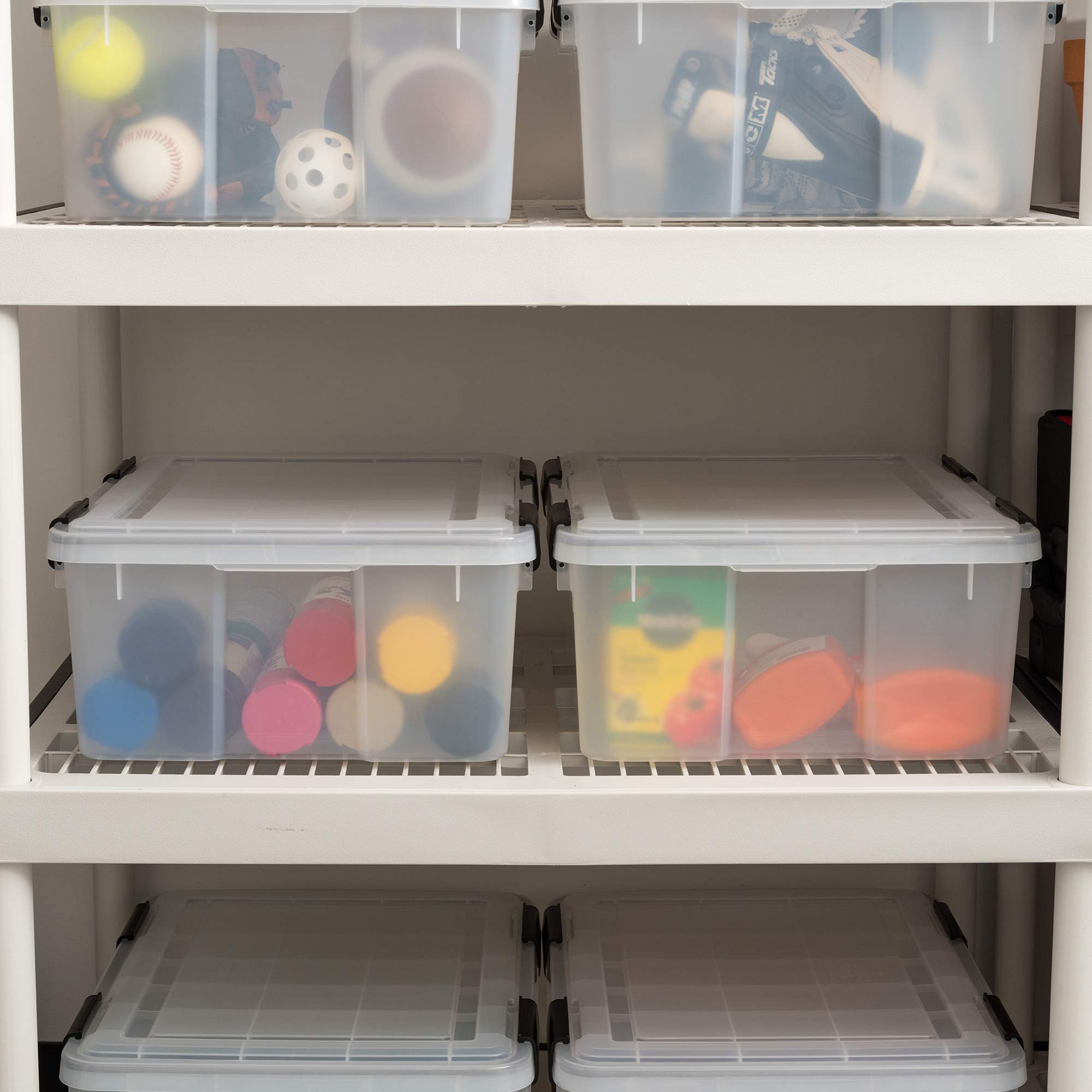 IRIS USA WeatherPro 31 Qt Storage Bins with Lids, 6 Pack - BPA-Free Plastic Airtight Containers with Secure Latch, Stackable & Nestable Clear/Black Tote Boxes for Home Organization, Pantry, Garage, and Office Storage