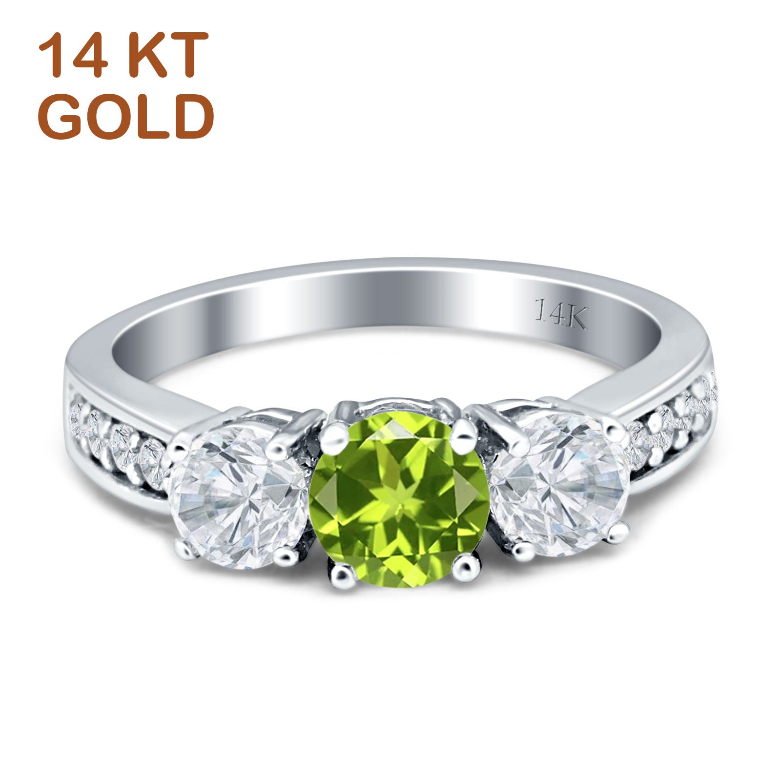 14K Yellow Gold Three Stone Round Peridot CZ Ring for Women - Elegant Birthstone Jewelry Gift for Birthday, Anniversary & Special Occasions