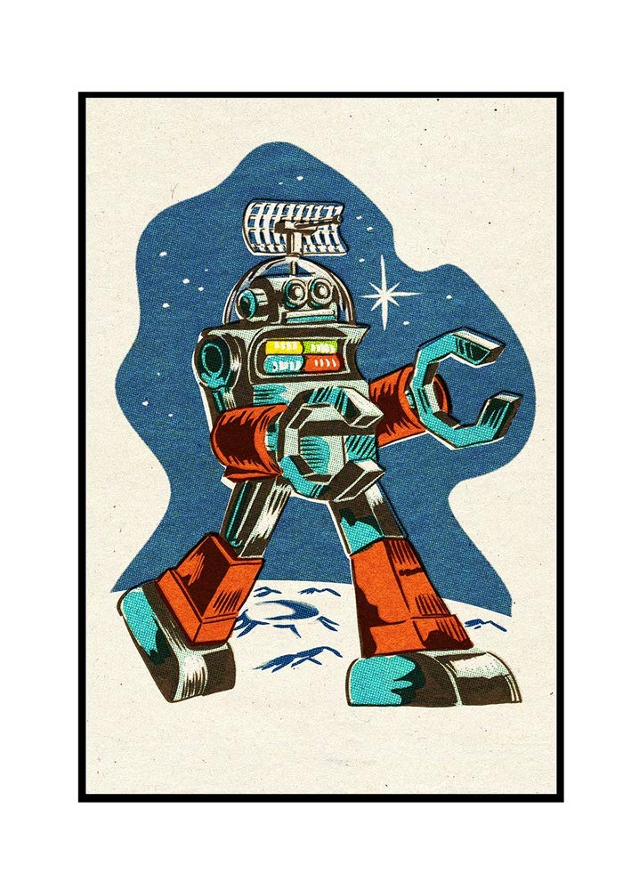 Robot Offset Halftone Art Print - 24x36 Framed Gallery Wrapped Canvas Wall Decor - Perfect for Living Room, Bedroom & Office Spaces