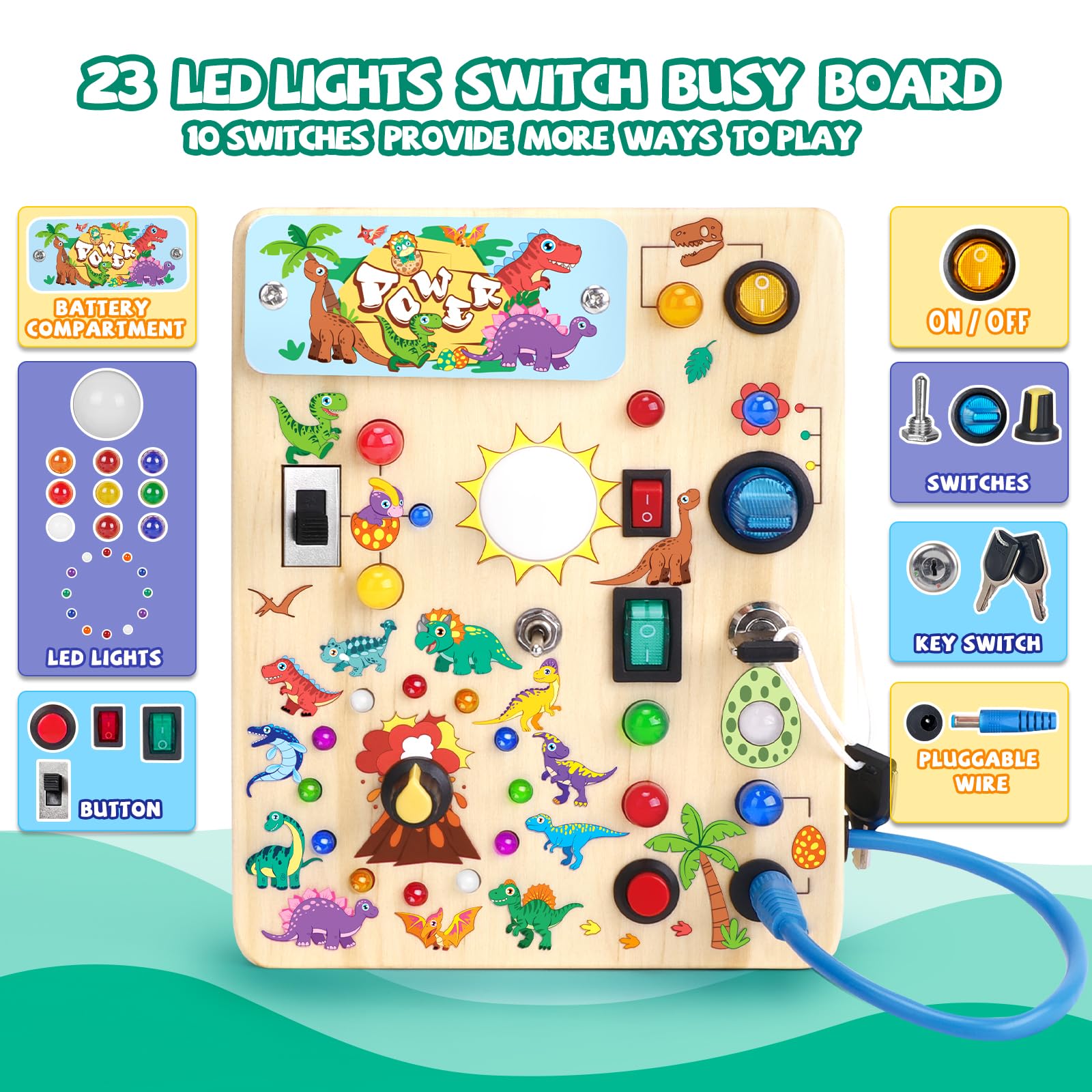 Dinosaur Busy Board Montessori Toys for Toddlers 1-3 Years Old - Wooden Sensory Travel Learning Toy for 1+ Year Old Boys & Girls - Perfect Gift for Airplane, Car Rides & Home Play (Dinosaur Busy Board Plus V2)