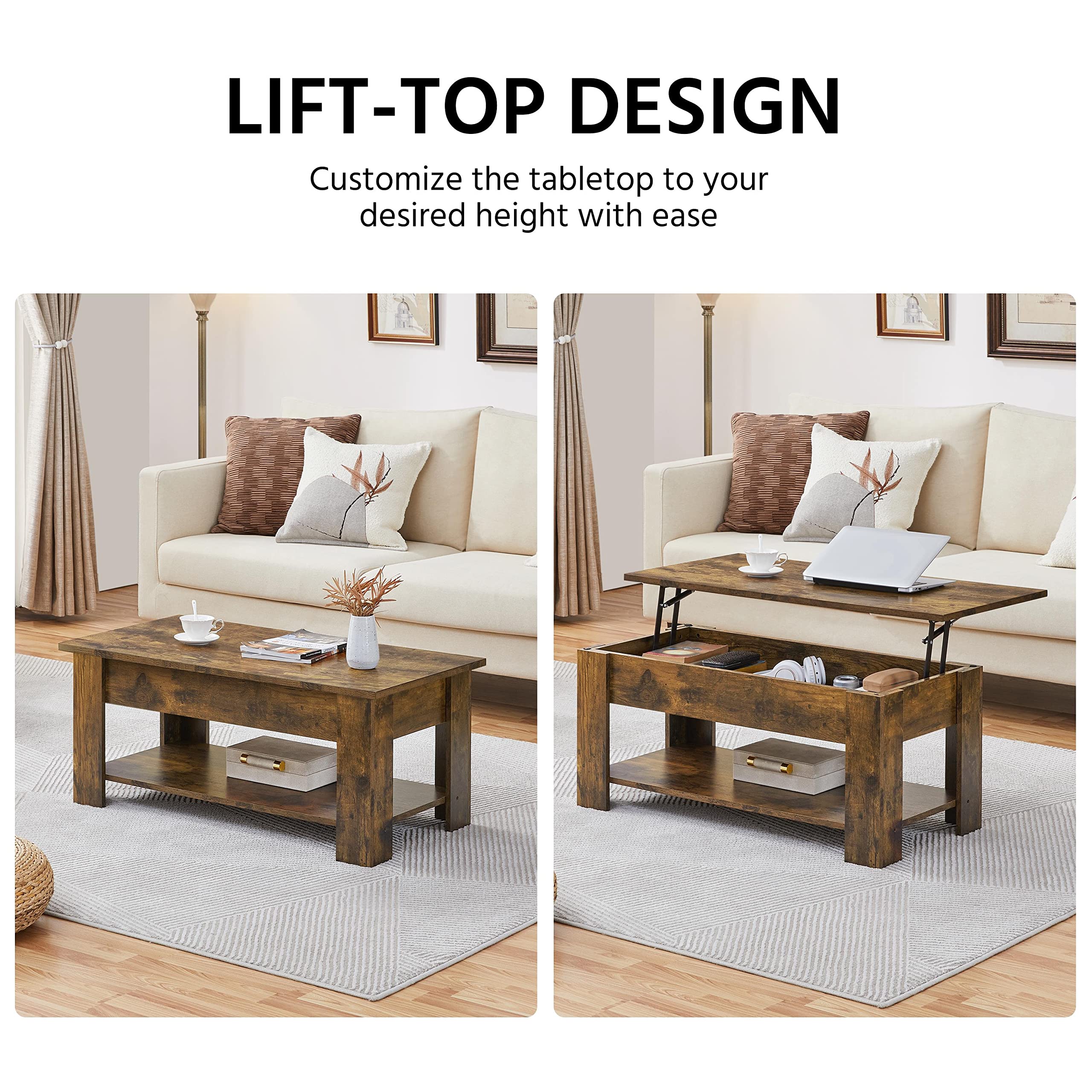 Yaheetech Lift Top Coffee Table with Storage, Rustic Brown - Living Room & Office Use