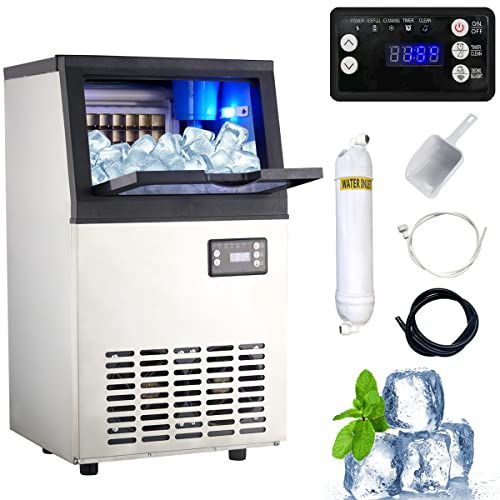 Commercial Ice Maker Machine 80lbs/24H, Stainless Steel Undercounter Ice Machine with Water Filter - Heavy Duty Restaurant & Bar Ice Maker for Countertop Use, Includes Scoop & Connection Hose - Perfect for Bars, Cafes, and Commercial Kitchens