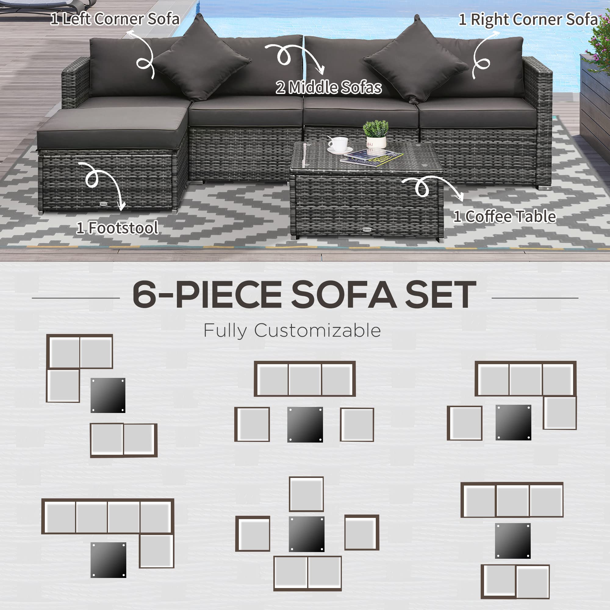 Outsunny 6-Piece All-Weather PE Rattan Patio Furniture Set - Outdoor Wicker Sectional Sofa with Ottoman, Cushions & Tempered Glass Table - Mixed Gray & Charcoal - Perfect for Backyard, Garden, and Poolside Relaxation