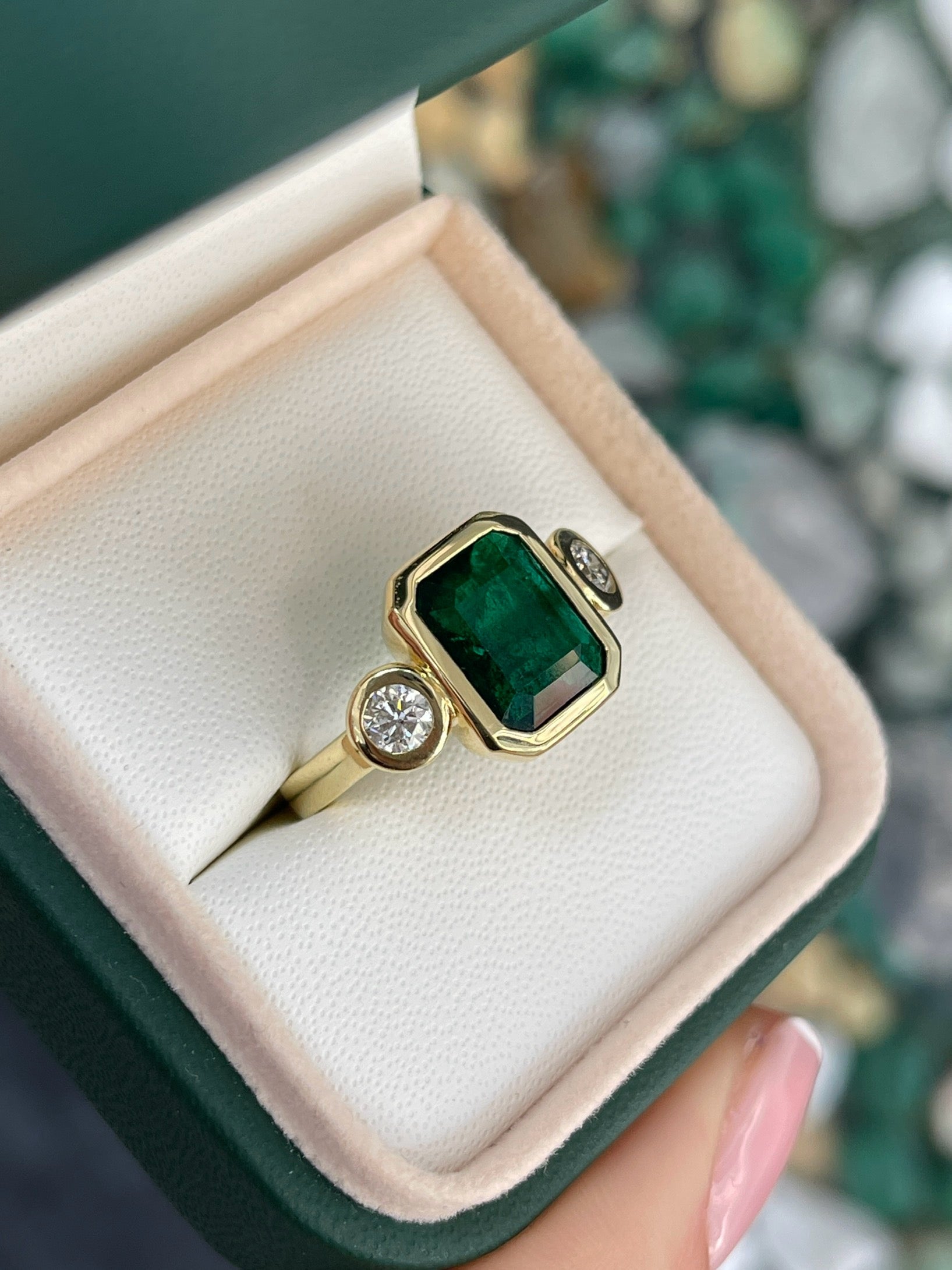 4.58tcw Natural Dark Emerald & Round Diamond Three Stone Ring in 18K Gold - Elegant Engagement, Anniversary or Gift Jewelry for Women