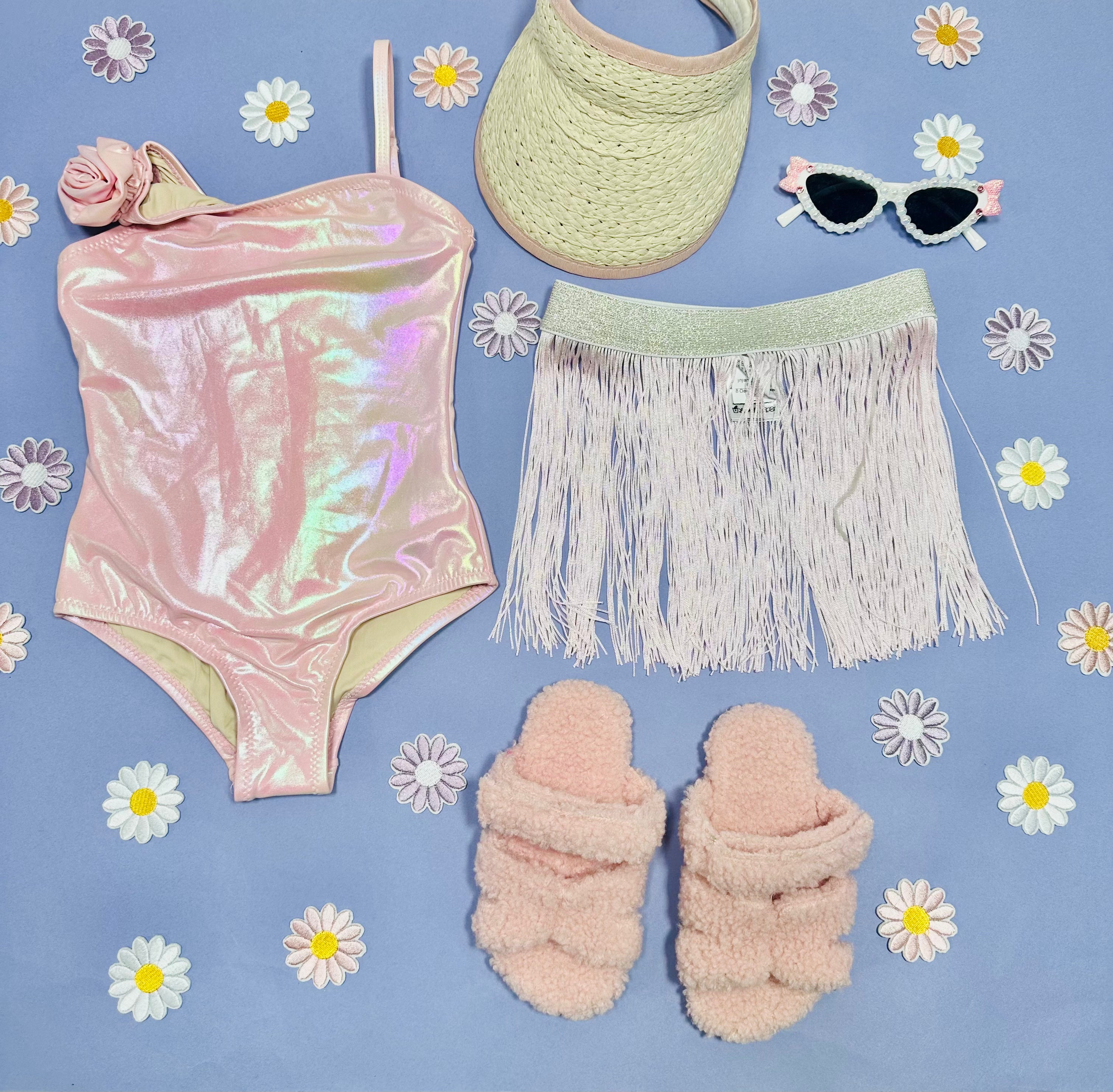 Metallic Rose One Piece Swimsuit with Fringe Skirt Set - Sexy Bathing Suit for Women, Beach Vacation, Pool Party & Summer Fashion