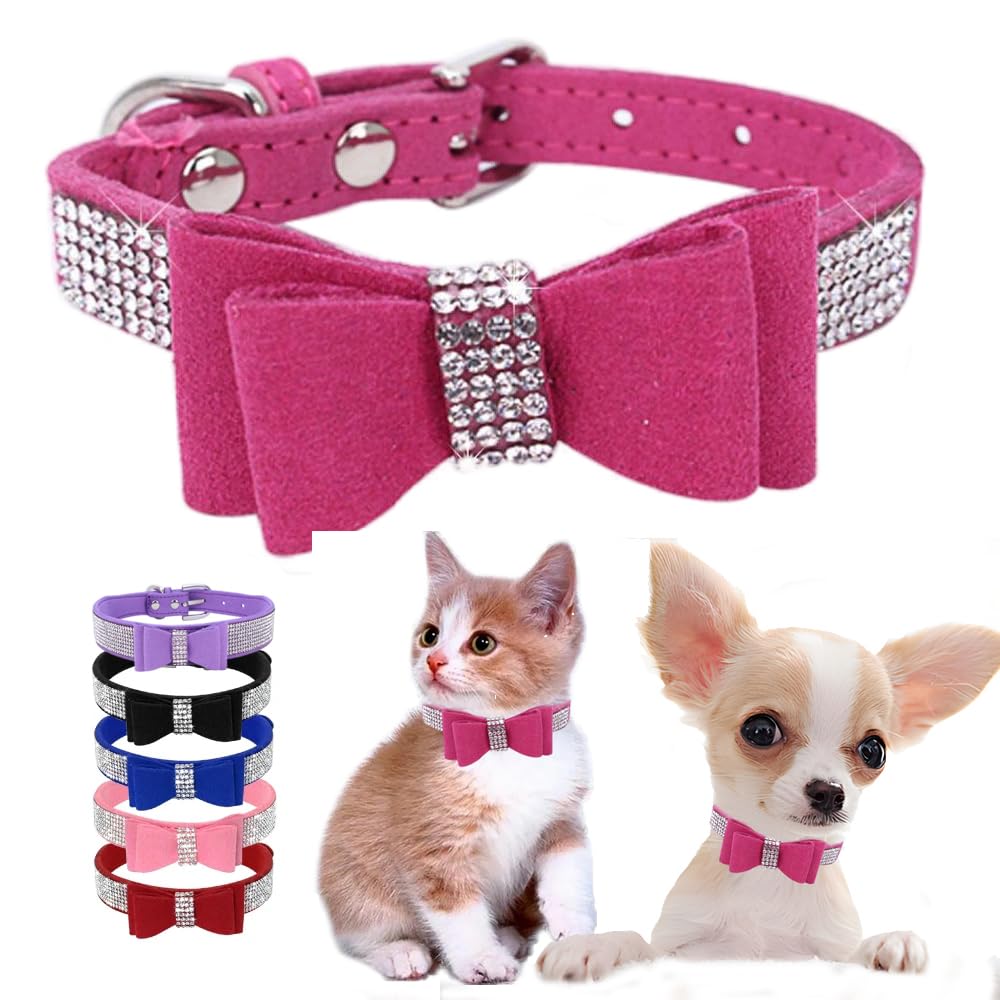 Sparkling Rhinestone Adjustable Dog Collar with Bow - Hot Pink Bling Diamond Collar for Medium Female Dogs, XXS XS Small Pets & Kittens - Perfect for Parties, Walks & Stylish Pet Fashion
