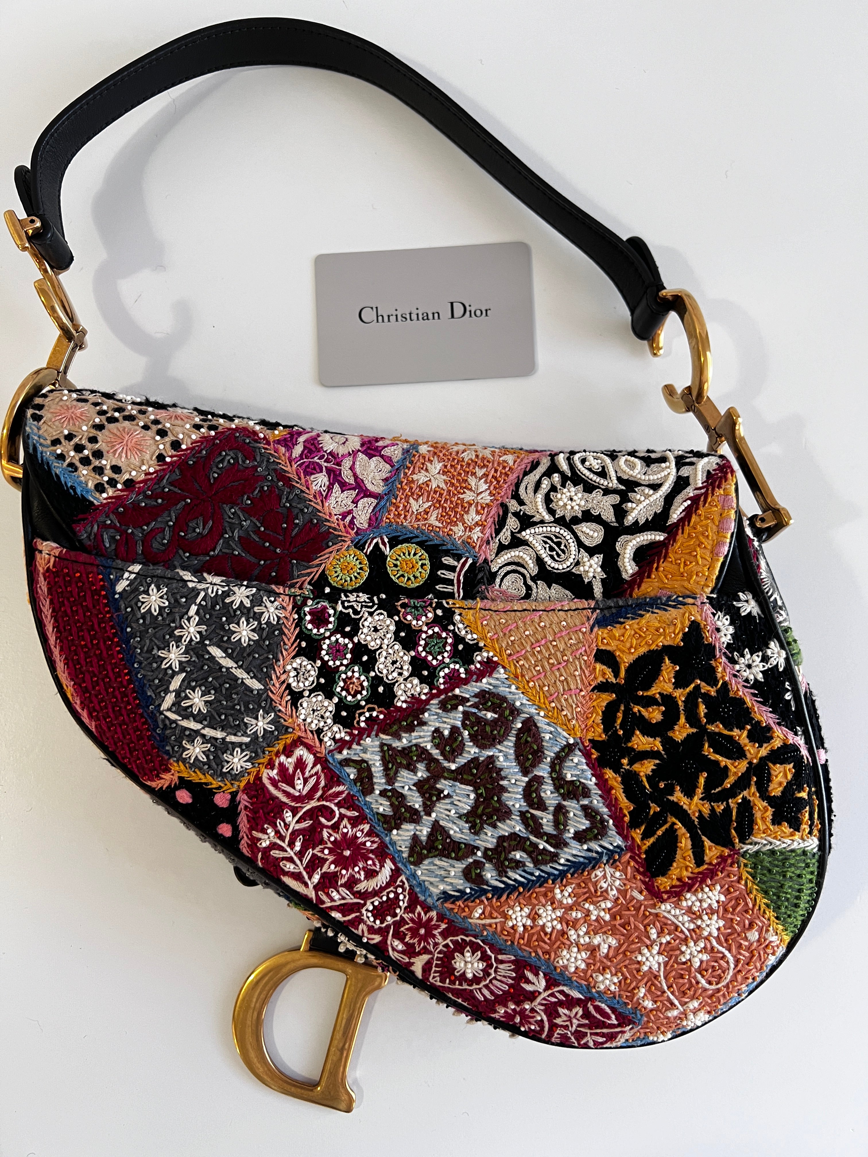 Dior Embroidered Beaded Saddle Bag - Large Size, Peace & Love Design | Luxury Crossbody Bag for Women, Perfect for Parties, Weddings & Everyday Use
