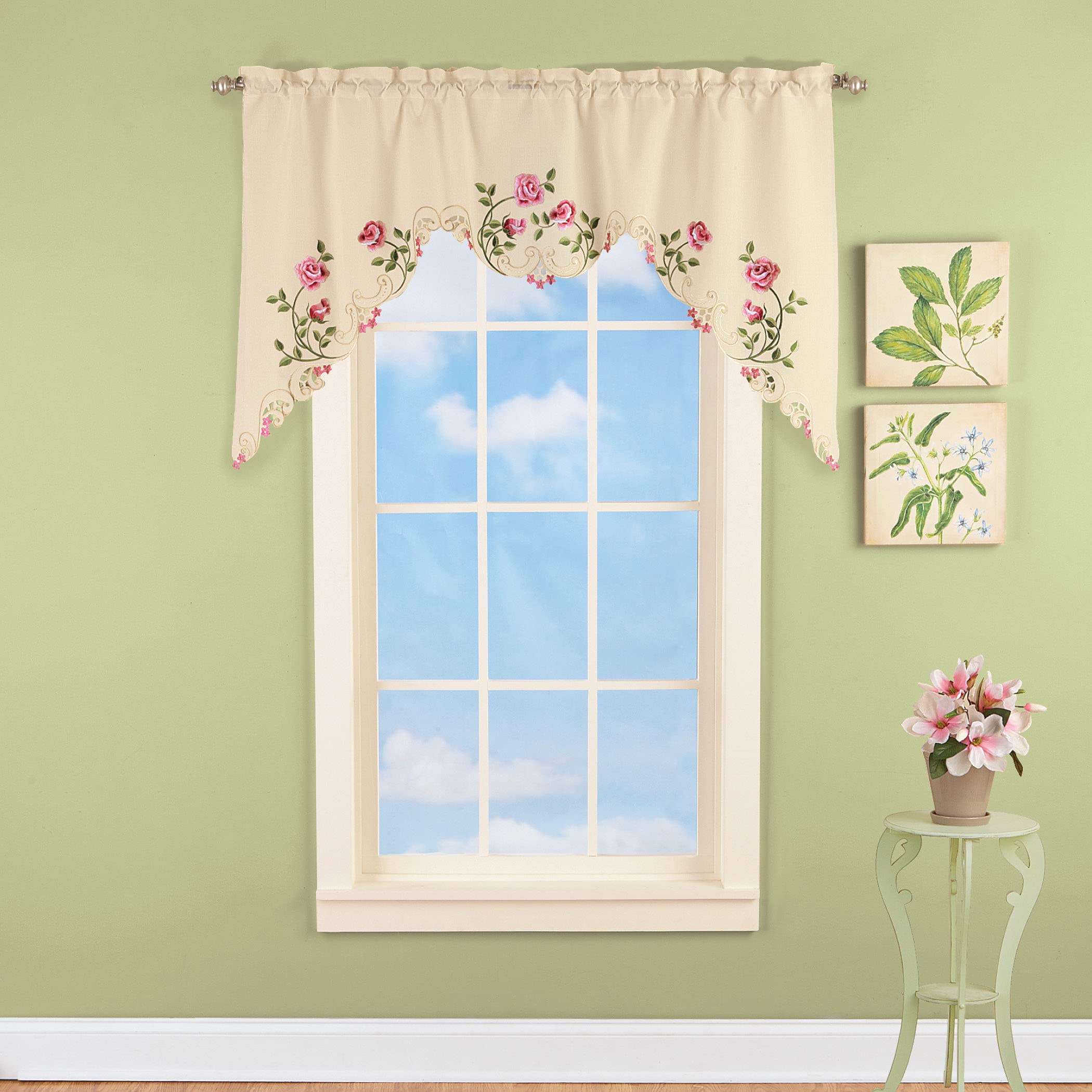 Elegant Pink Rose Floral Embroidered Curtains & Drapes Set with Valance - Ivory & Rose Home Decor for Living Room, Bedroom, Dining Room