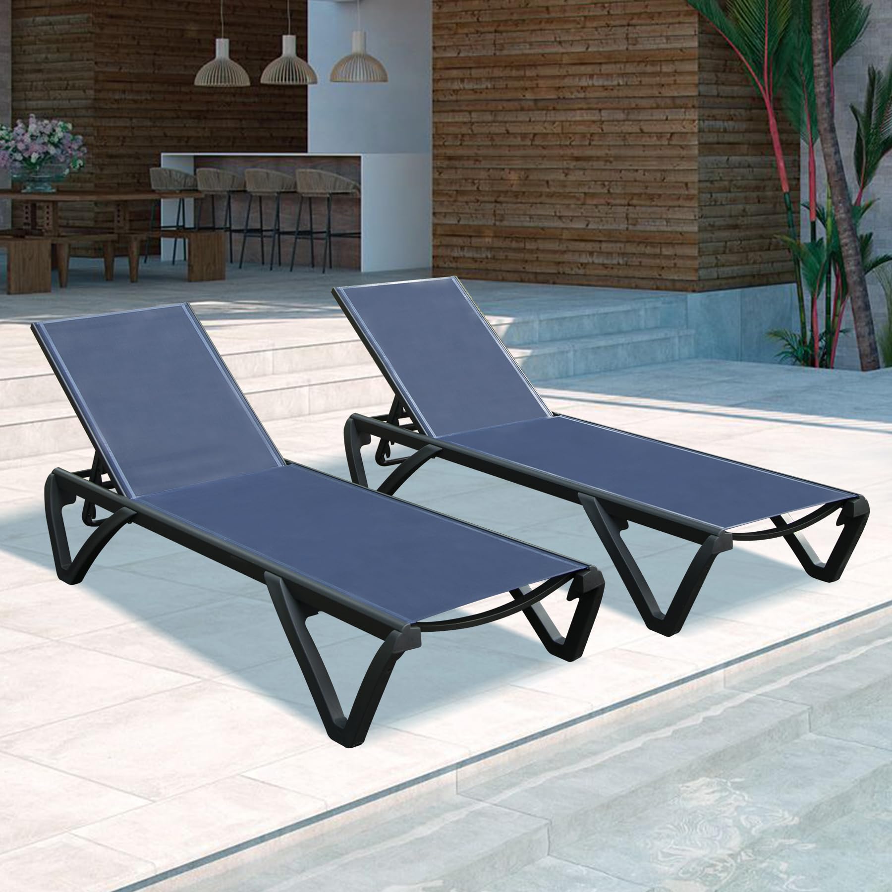 Domi Patio Lounge Chairs Set of 2, 5-Position Adjustable Aluminum Pool Chaise Lounge with Wheels, Outdoor Patio Furniture for Poolside, Beach, Garden, Backyard, Deck - Navy Blue