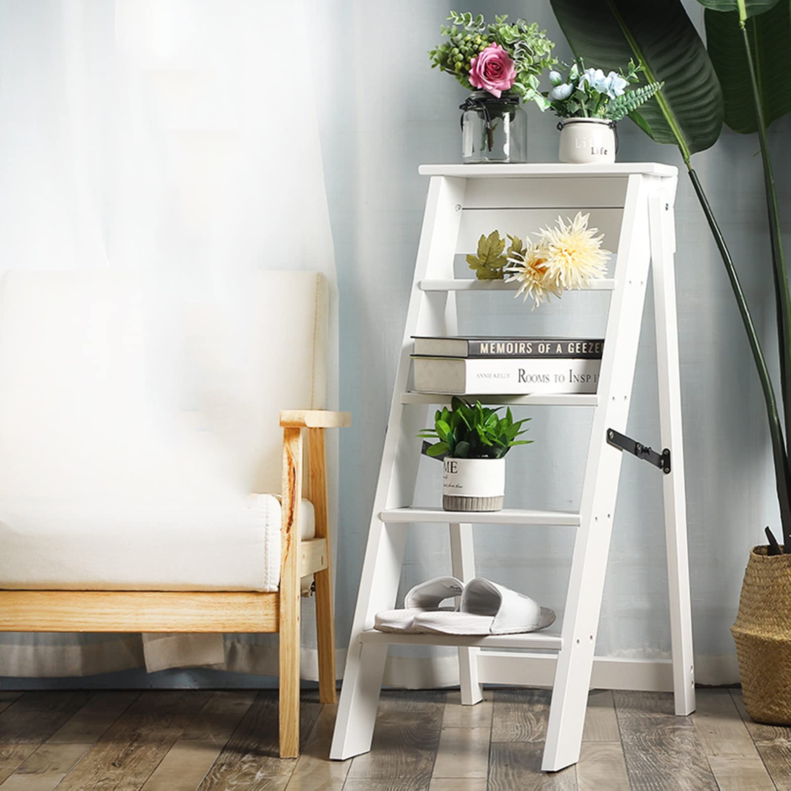 **SIGOLY Foldable Wooden Step Stool Ladder - 5 Step Portable Indoor Climbing Stool for Kitchen, Bathroom, and Home Organization**