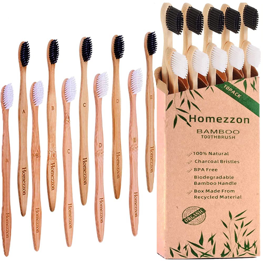 Eco-Friendly Bamboo Toothbrushes with Soft Bristles - Pack of 10 BPA-Free Charcoal Toothbrushes for Gentle Teeth Cleaning | Ideal for Sensitive Gums, Travel & Sustainable Oral Care Routine