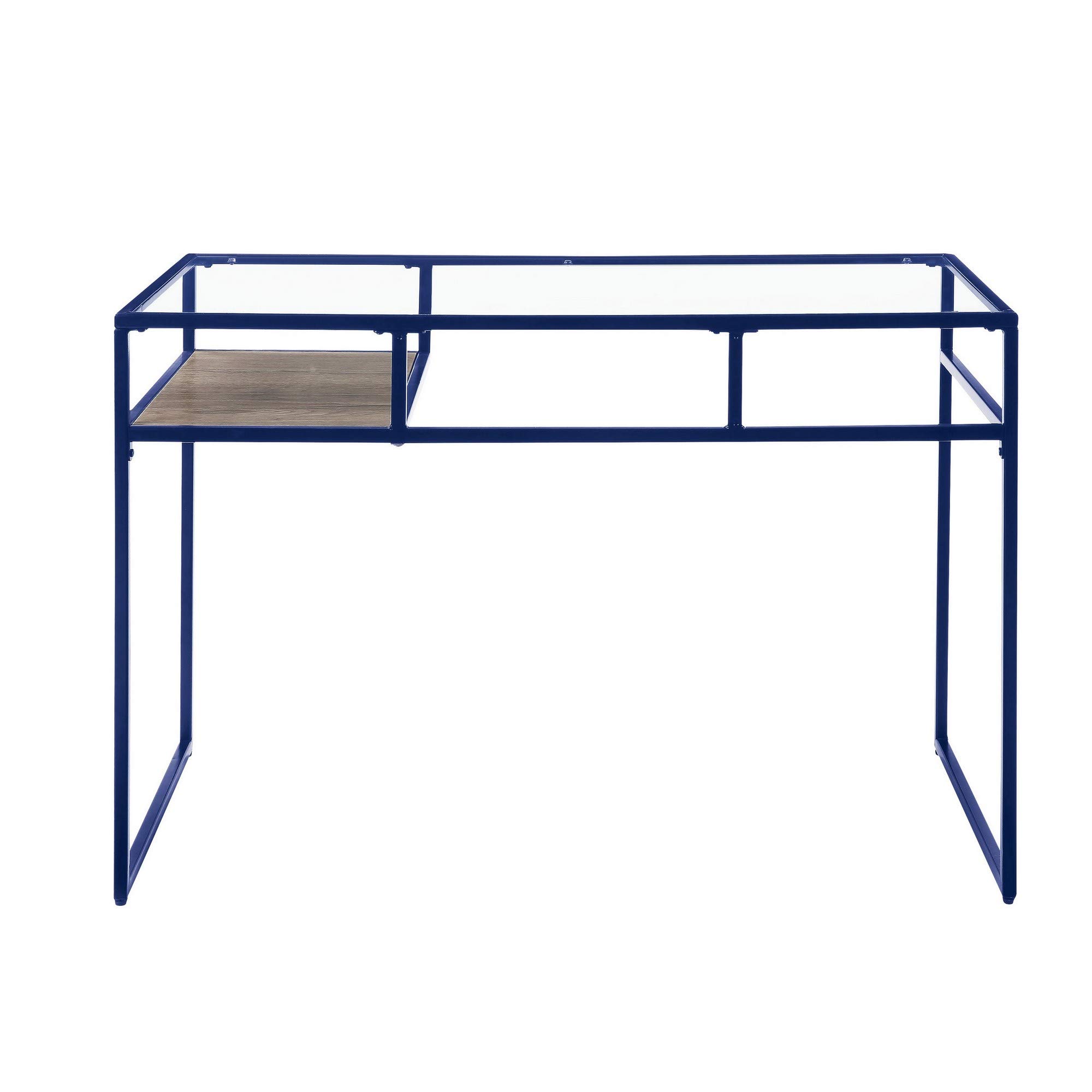 Benjara Modern Rectangular Glass Top Desk with Open Storage Compartment & Sturdy Sled Base - Blue Home Office Desk for Small Spaces & Contemporary Workspaces