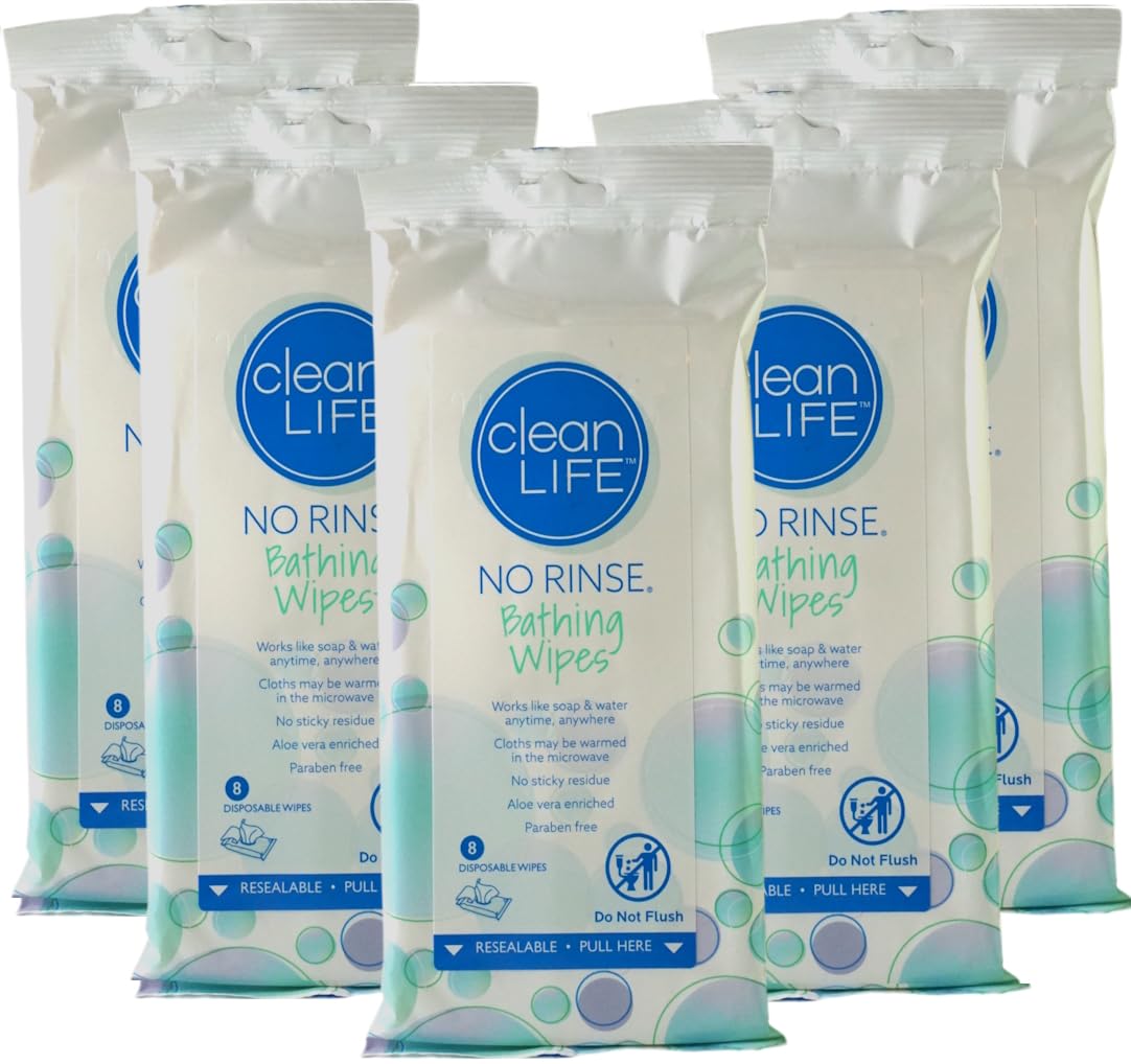 Cleanlife No-Rinse Bathing Wipes - 5 Pack of Premoistened Aloe Vera Wipes for Maximum Cleansing & Deodorizing | Microwaveable, Hypoallergenic, Latex-Free (8 Wipes per Pack) | Ideal for Elderly Care, Hospital Use, Post-Surgery & Travel Convenience