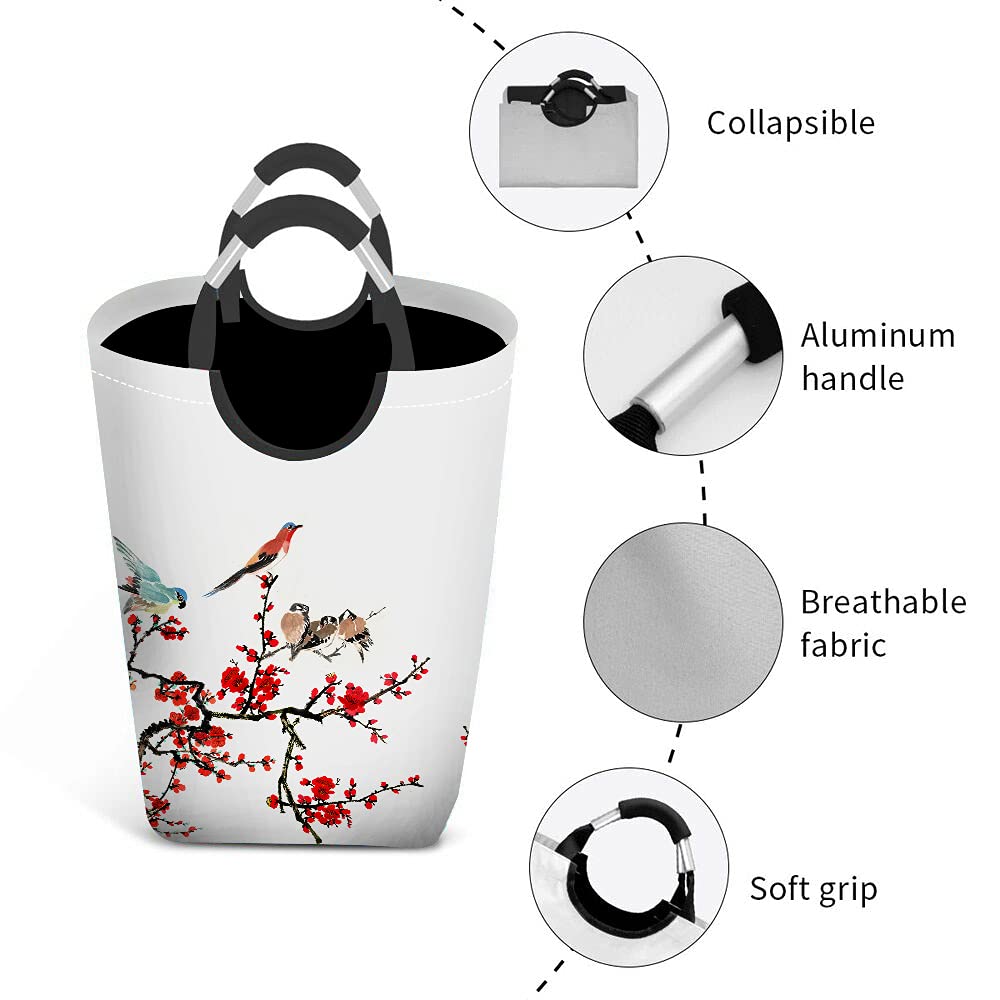 Wondertify Chinese Style Laundry Hamper - Plum Blossom & Bird Design Clothes Basket with Handles for Bedroom, Nursery, or Dorm Organization - Perfect for Clothes, Toys, and Storage