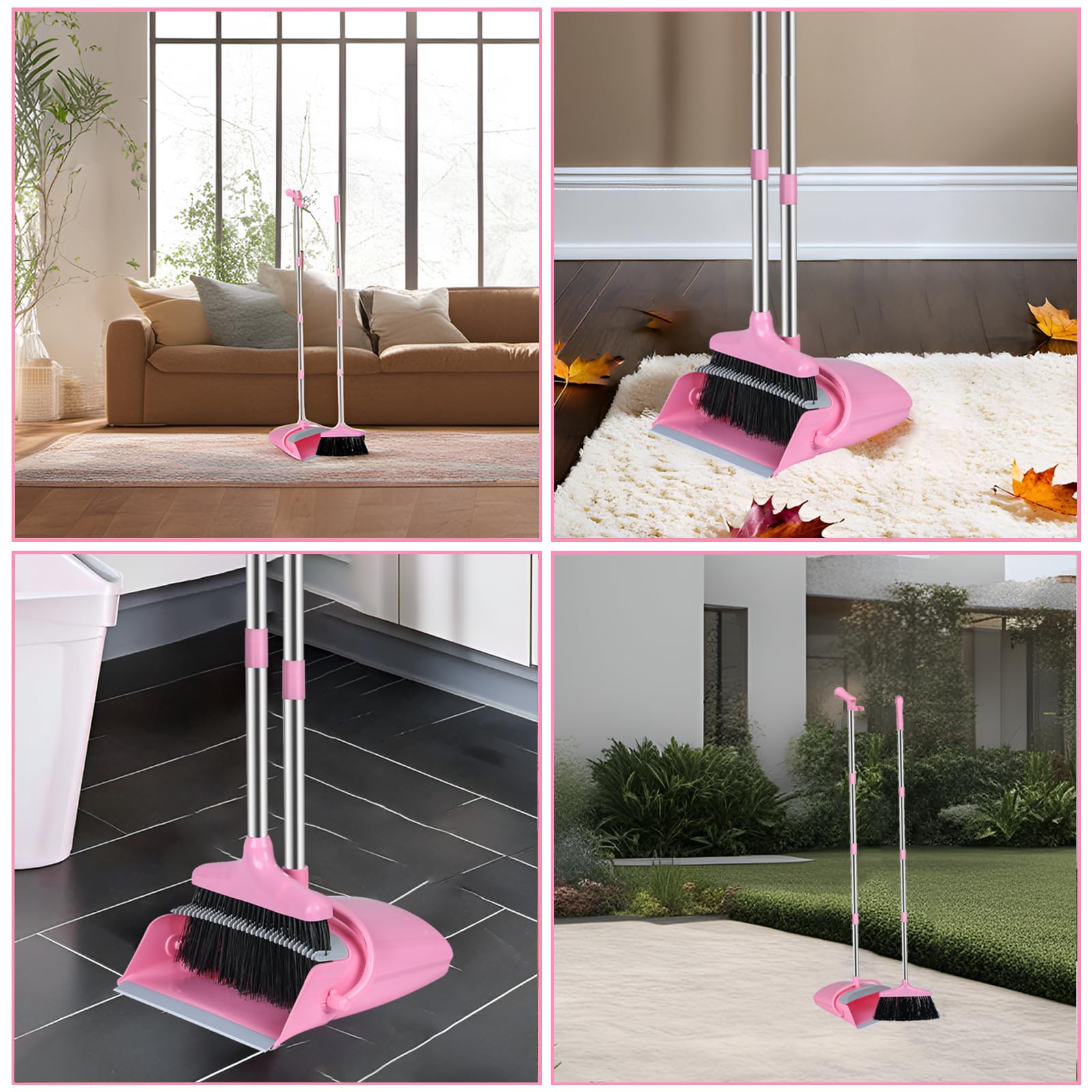Premium Broom and Dustpan Set - Lightweight Cleaning Combo for Home, Office & Kitchen | Ergonomic Handle, Durable Bristles (Pink) | Perfect for Hard Floors, Pet Hair & Daily Cleaning
