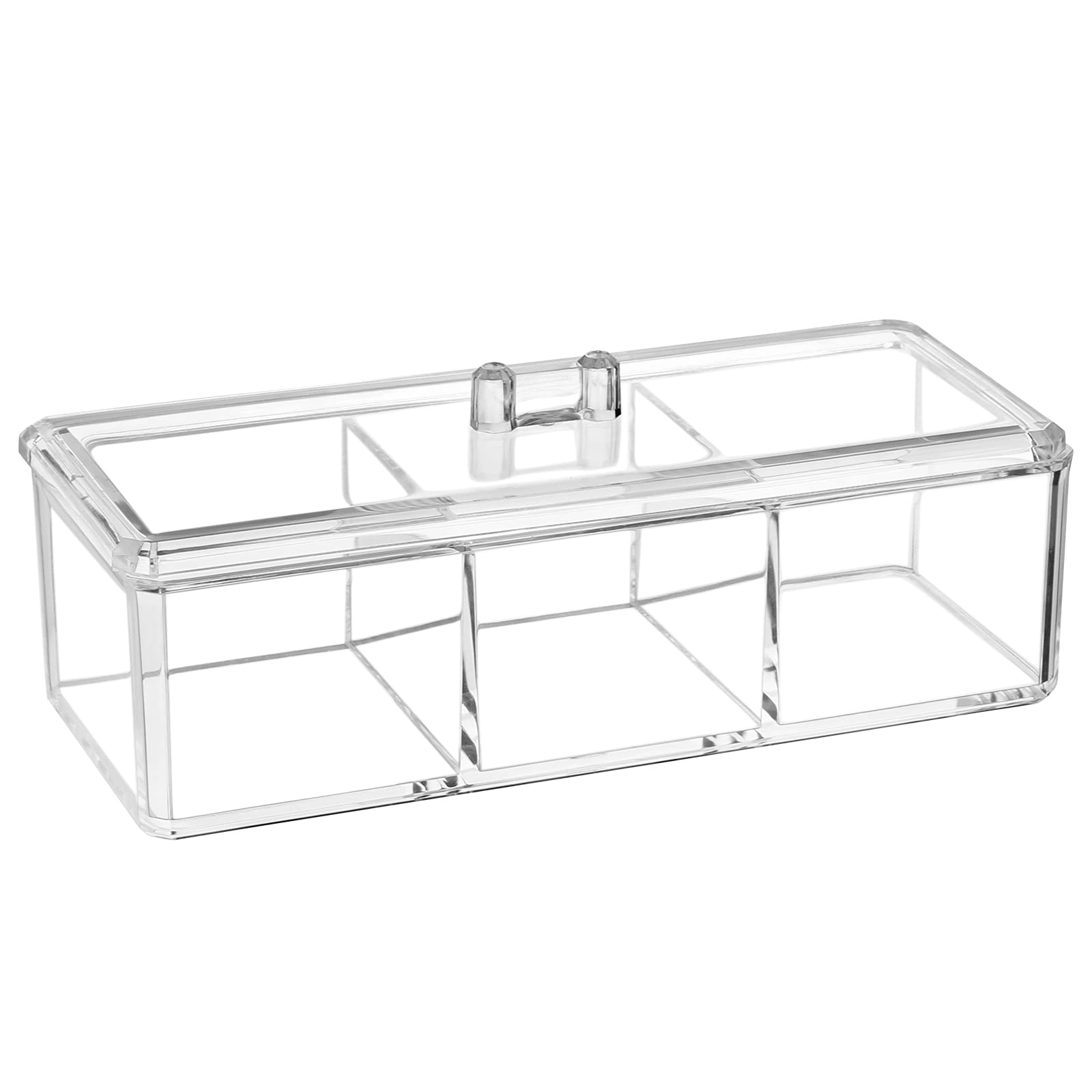 Clear Acrylic Drawer Organizer with Lid - 3 Compartment Makeup Storage Box for Vanity Desk, Bathroom & Jewelry Display - 9.17x3.7x3.46 Inch Small Item Organizer - Perfect for Cosmetics, Office Supplies & Craft Storage