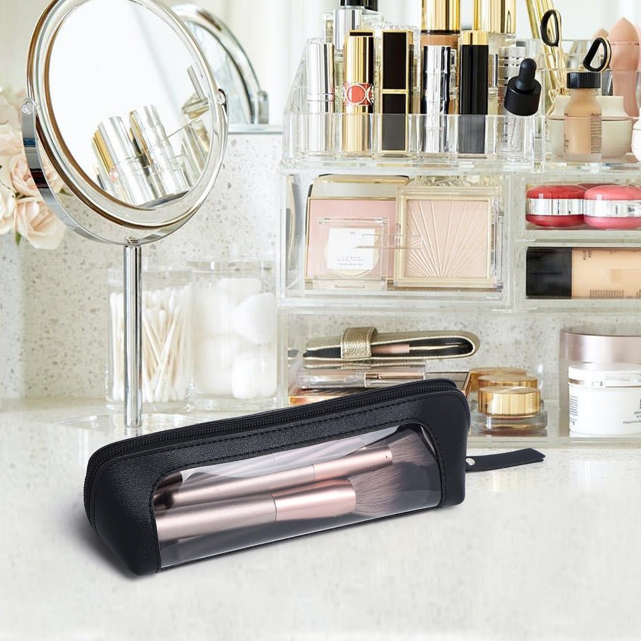 Clear Makeup Bag with Zipper - Portable Transparent Travel Cosmetic Organizer for Women | Waterproof Toiletry Pouch for Brushes, Makeup & Skincare | Perfect for Travel, Gym & Daily Use (H/Black, Slim+)